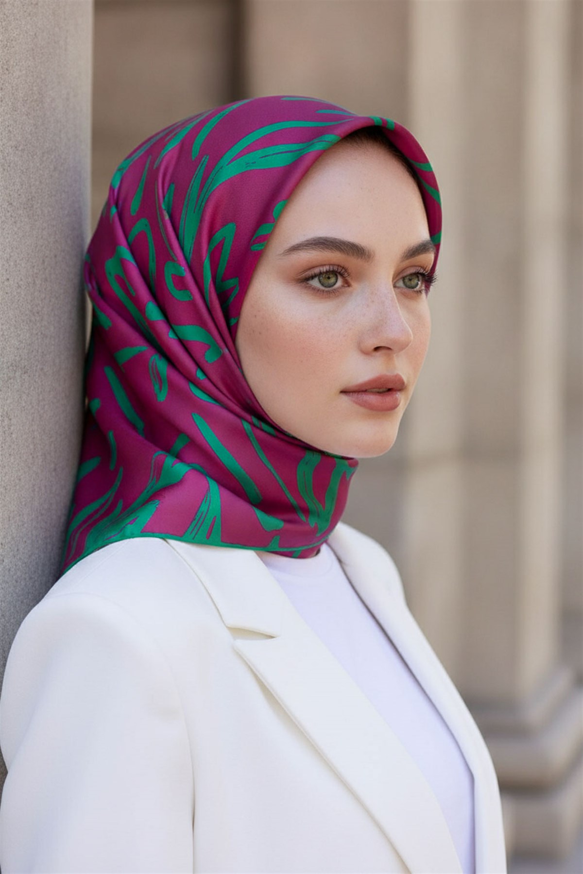 % 57 İPEK % 43 VİSKON Twill İpek Büyük Çiçek Desenli Fuşya - Koyu Mint Yeşili Renkli 90x90 Eşarp Dikim Şekli : El Dikişi