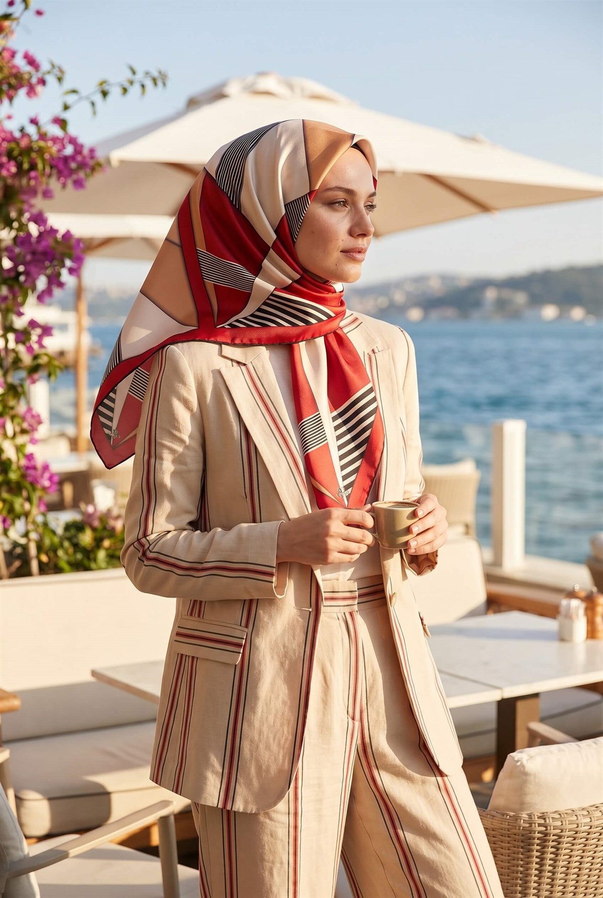 %100 Twill İpek Çizgili ve Geometrik Desenli Bordo - Vizon Renkli 90x90 Eşarp Dikim Şekli : El Dikişi