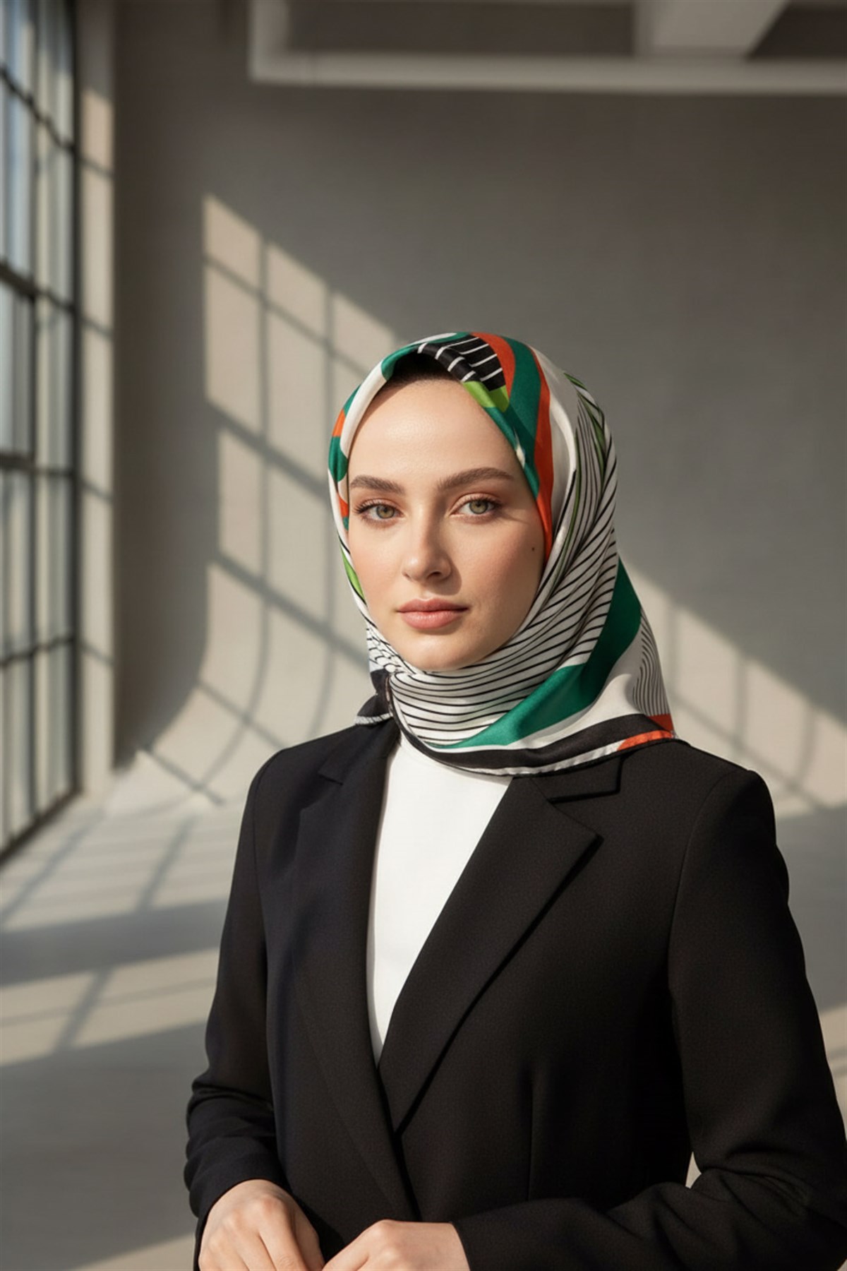 %100 Twill İpek Çizgili Geometrik Desenli Siyah - Fıstık Yeşili Renkli 90x90 Eşarp Dikim Şekli : El Dikişi