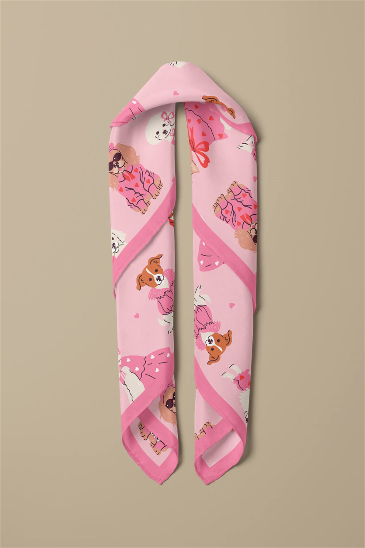 %100 İpek Süslü Köpek Desenli Kadın Bandana