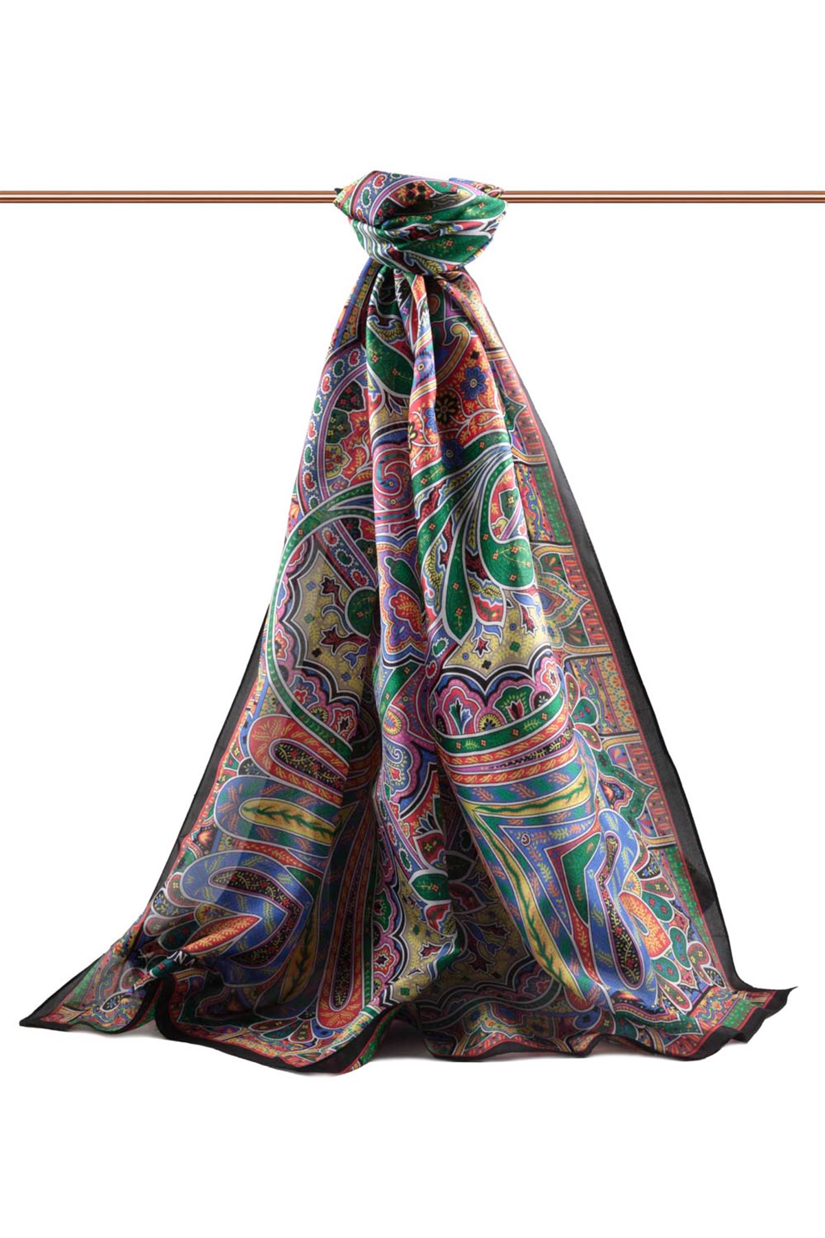 100% İpek Etro Desenli Siyah - Fıstık Yeşili Renkli 92x210 Şal