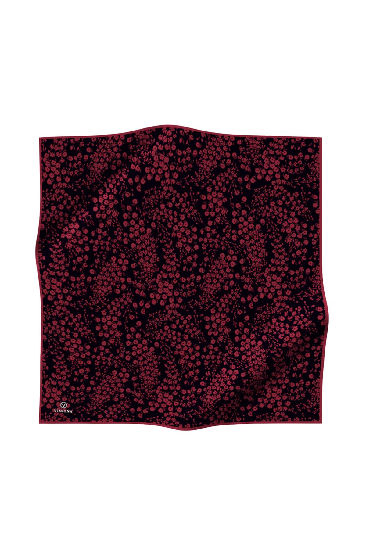 %100 Twill İpek Çıtır Çiçek Desenli Siyah - Bordo Renkli 90x90 Eşarp Dikim Şekli : El Dikişi