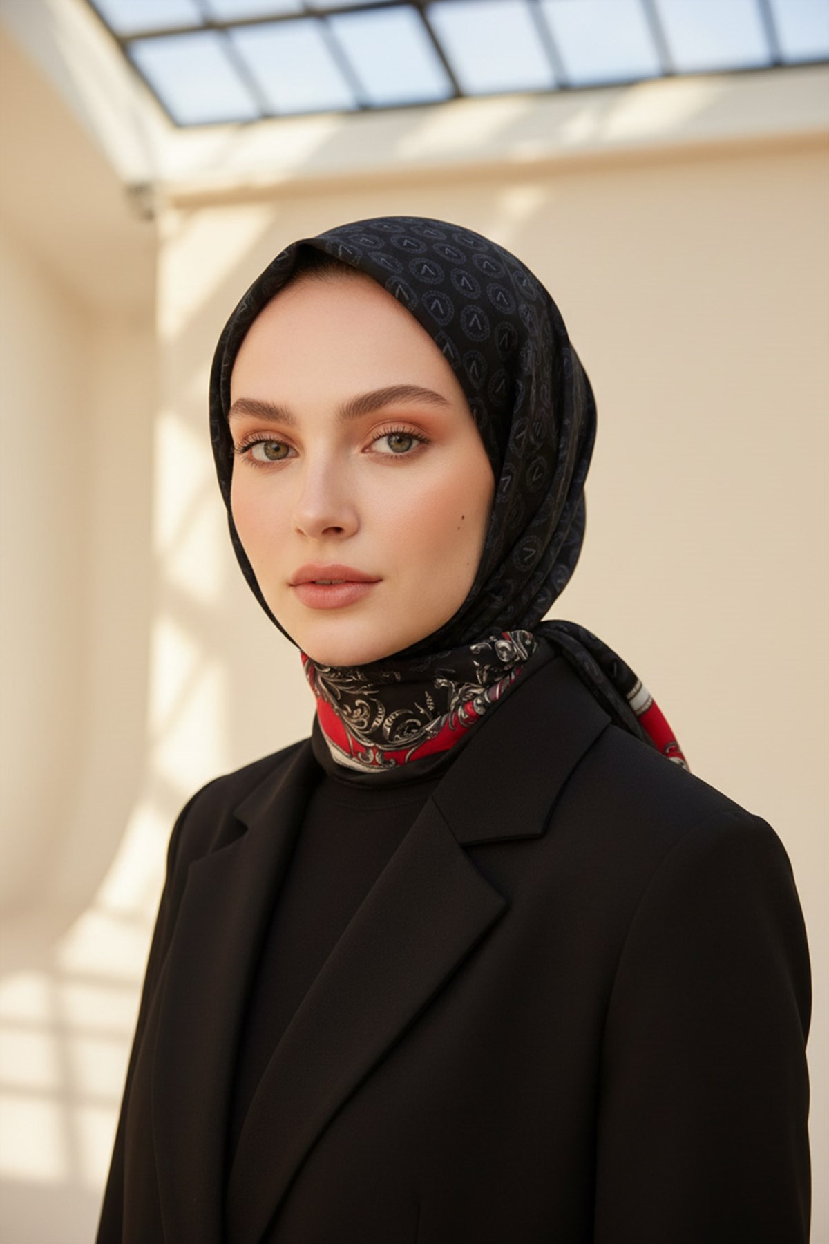 %100 Saf İpek Şal İnce Saten Vual Dokuma Monogram Ve Varank Desenli 90x210 Şal