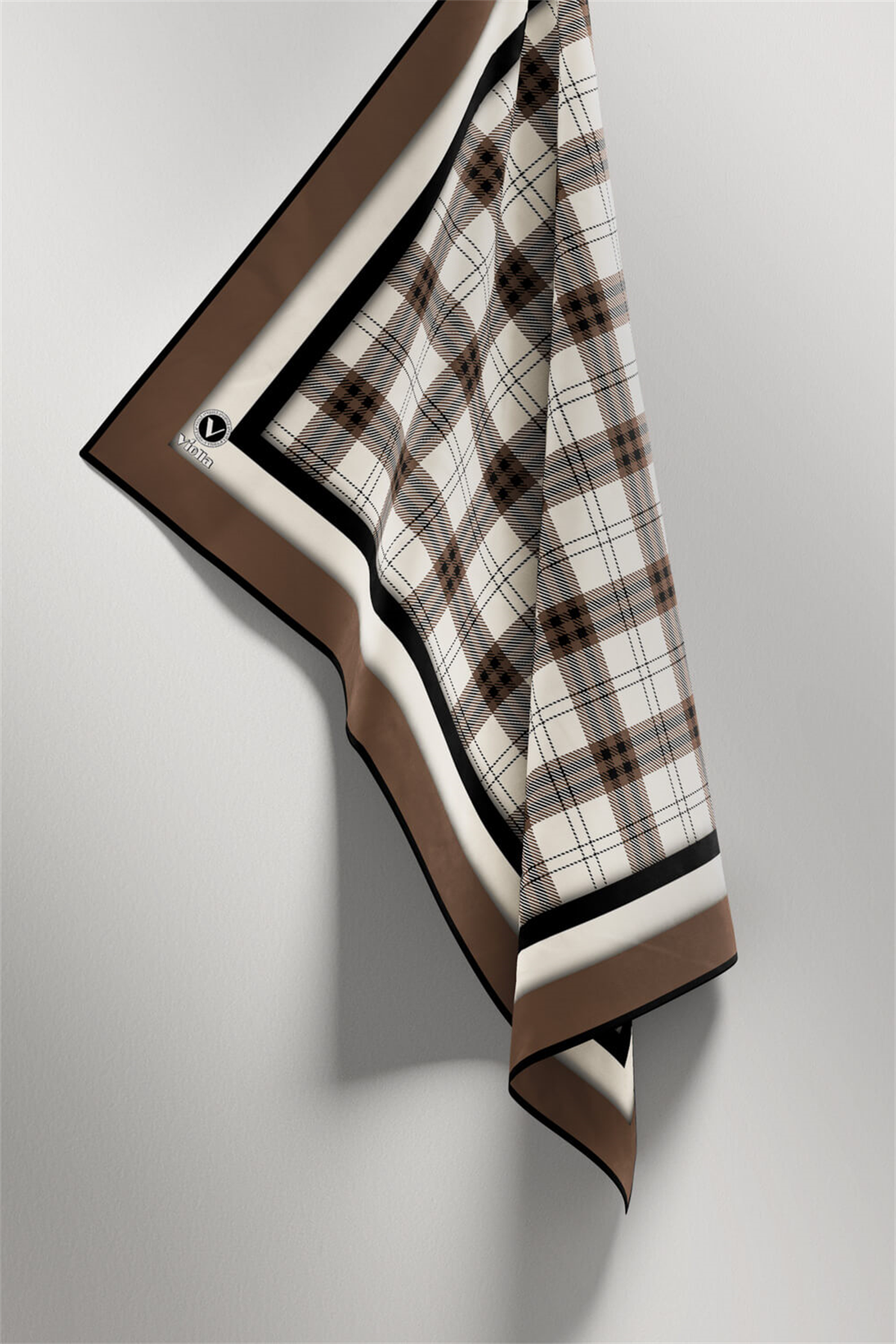 Twill Ekose Desenli Vizon Renkli 90x90 Eşarp (İpek İçermez) Kenar Dikiş Şekli El Dikişli