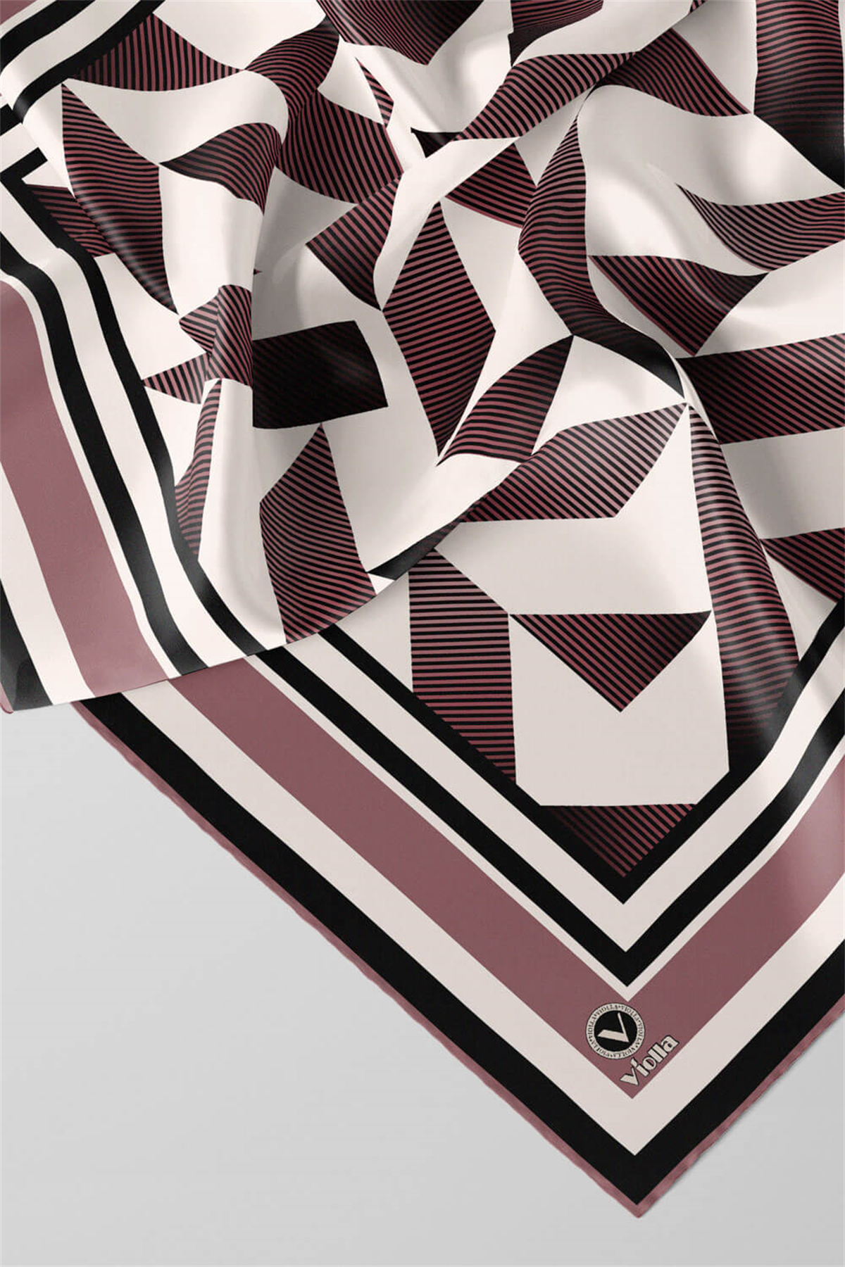 Twill Geometrik Desenli Pudra Renkli 90x90 Eşarp (İpek İçermez) Kenar Dikiş Şekli El Dikişli
