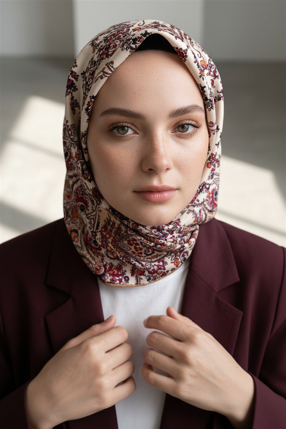 %100 Twill İpek Şal Desenli Krem Renkli 90x90 Eşarp Dikim Şekli : El Dikişi