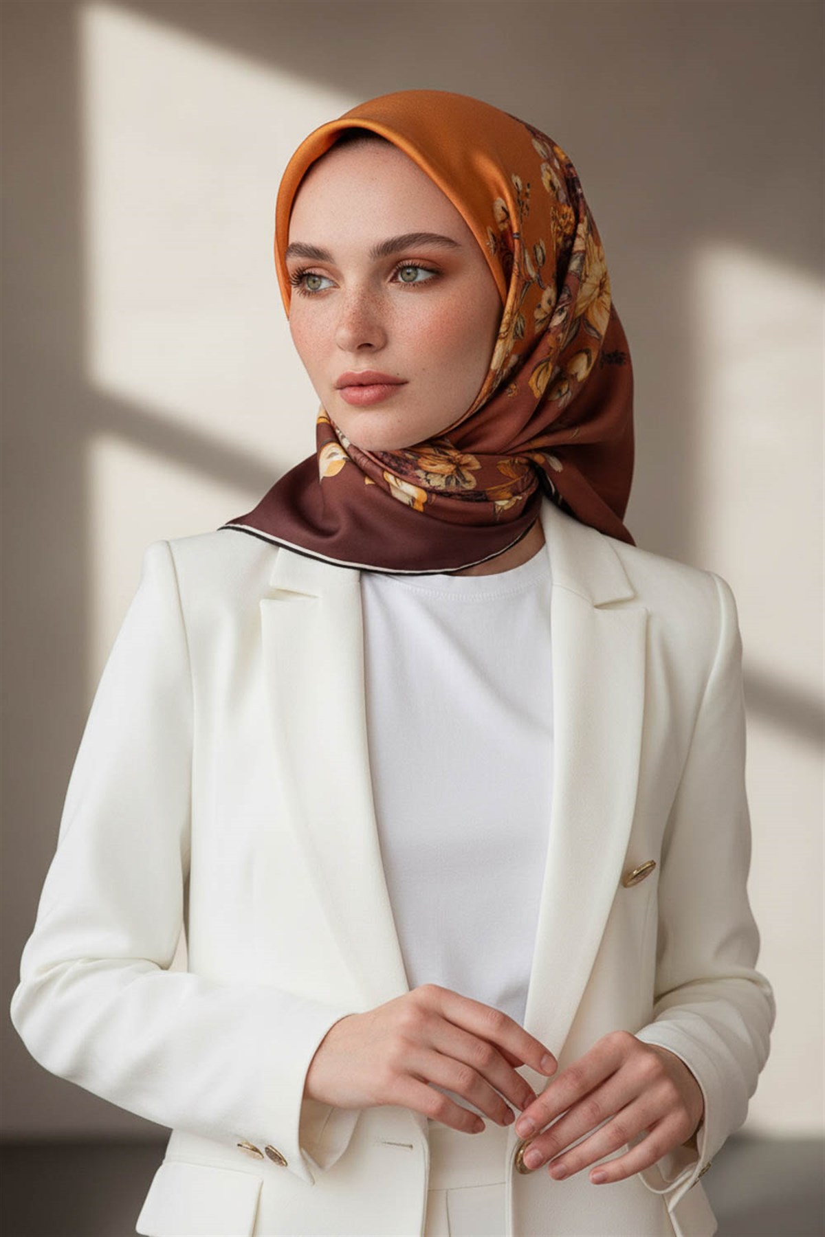 %100 Twill İpek Sonsuz Çiçek Desenli Taba Renkli 90x90 Eşarp Dikim Şekli : El Dikişi