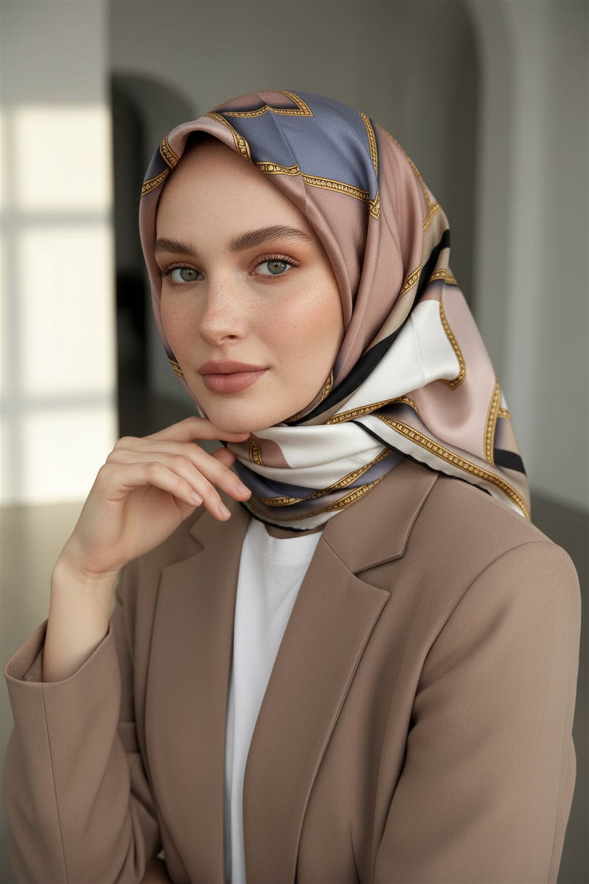 %100 Twill İpek Geometrik Desenli Pudra - Gümüş Renkli 90x90 Eşarp Dikim Şekli : El Dikişi