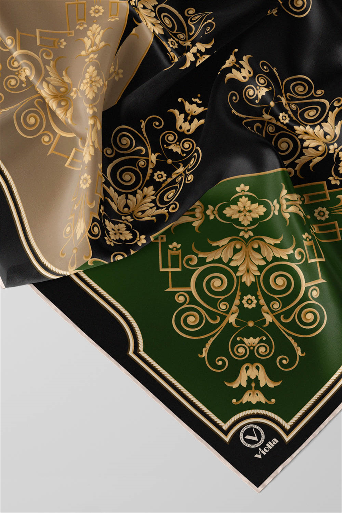 Twill Gold Desenli Zümrüt Yeşili Renkli 90x90 Eşarp (İpek İçermez) Kenar Dikiş Şekli El Dikişli