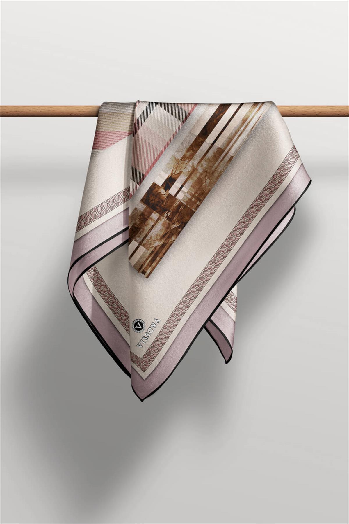 %100 Twill İpek Ekose Desenli Pudra - Gri Renkli 90x90 Eşarp Dikim Şekli : El Dikişi