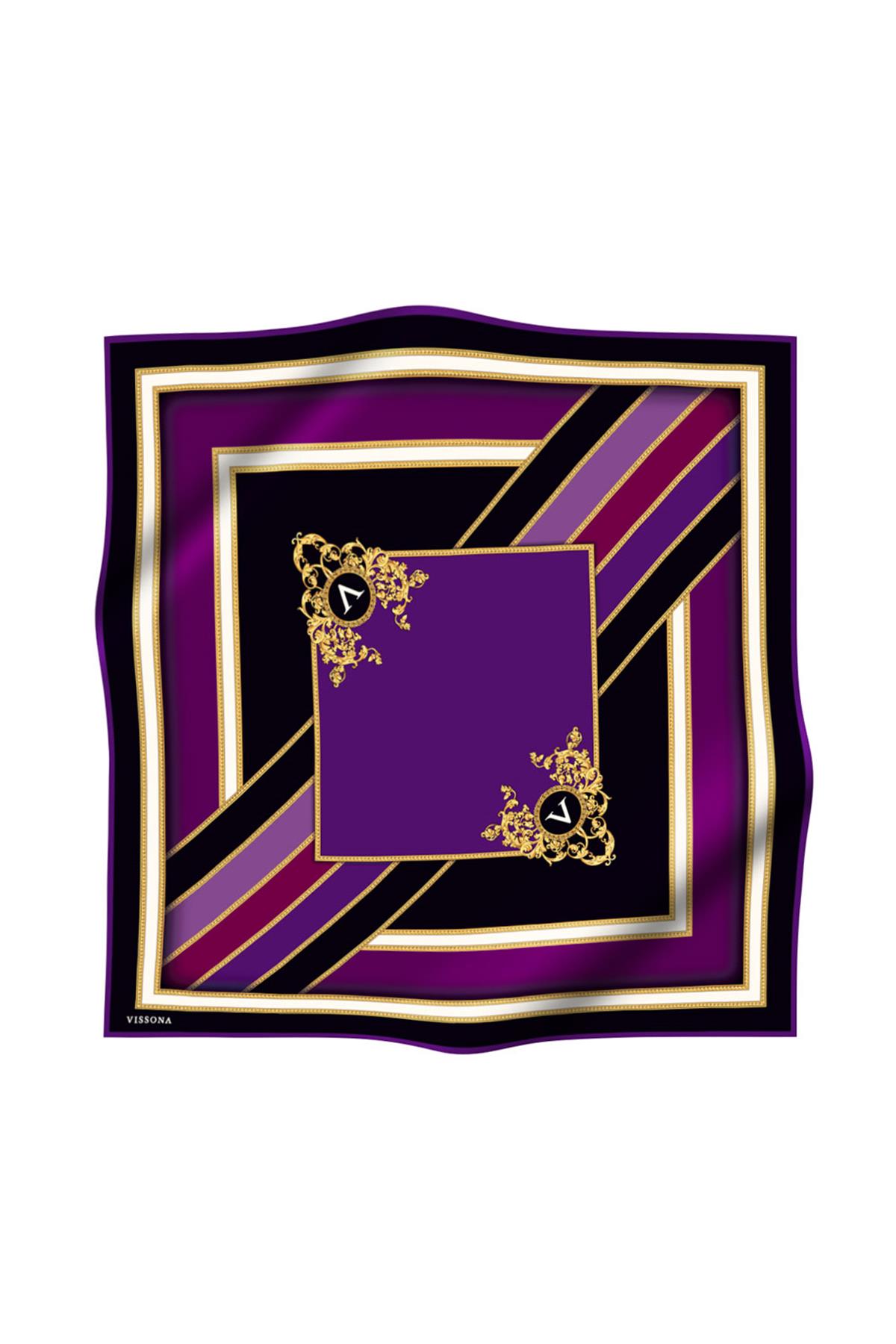 %100 Twill İpek Baroklu Ve Geometrik Desenli Mürdüm - Mor Renkli 90x90 Eşarp Dikim Şekli : El Dikişi