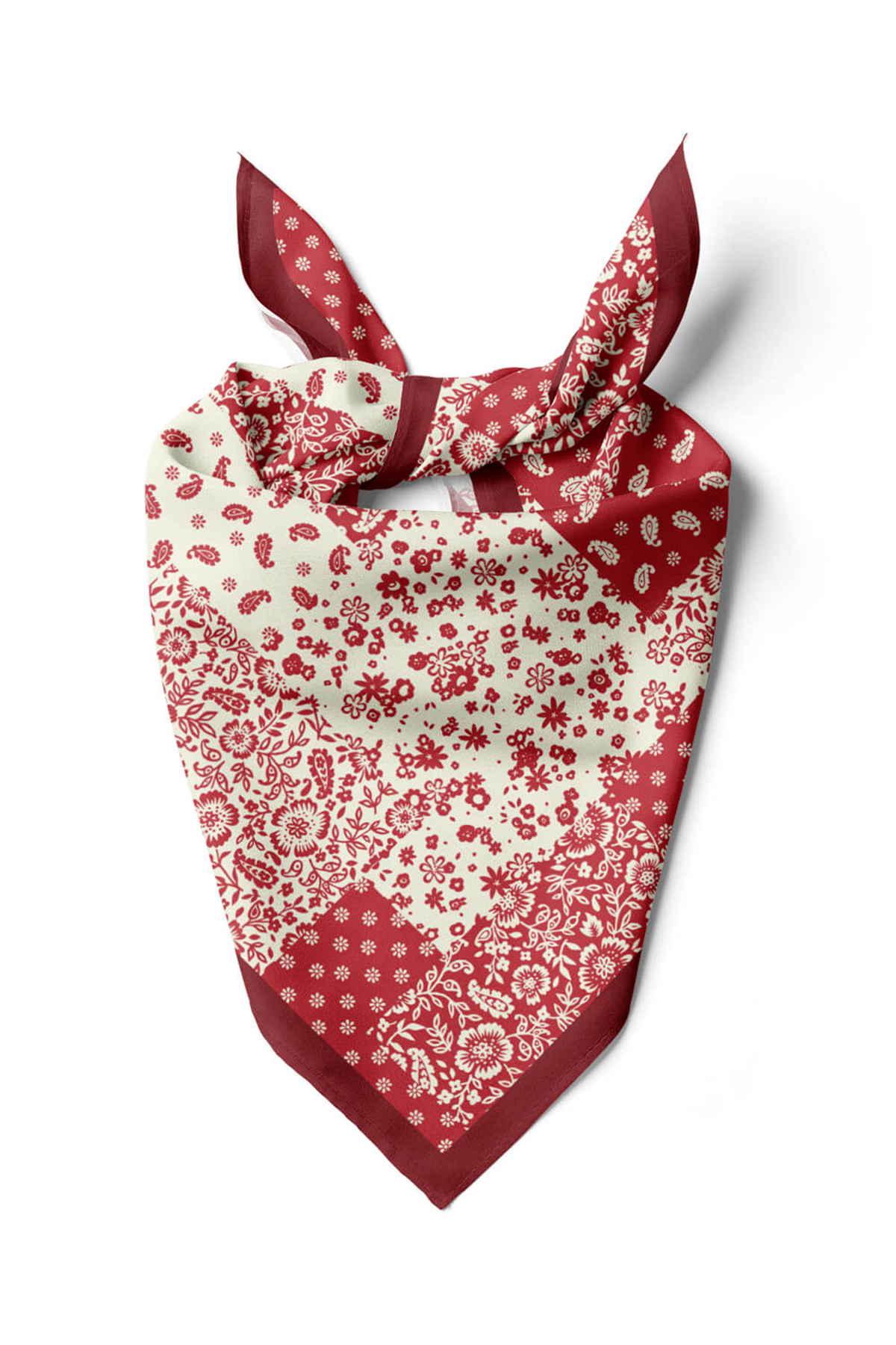 A46 Kadın Çiçek Desenli Bandana 50x50 Kırmızı Beyaz DG0425-22