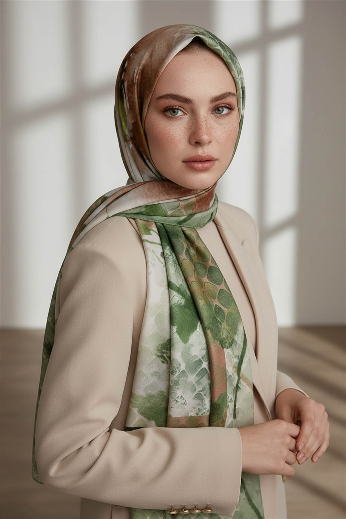 KREP SULU BOYA ÇİÇEK DESENLİ ZÜMRÜT YEŞİLİ RENKLİ 75X195 KIRIŞMAZ ŞAL