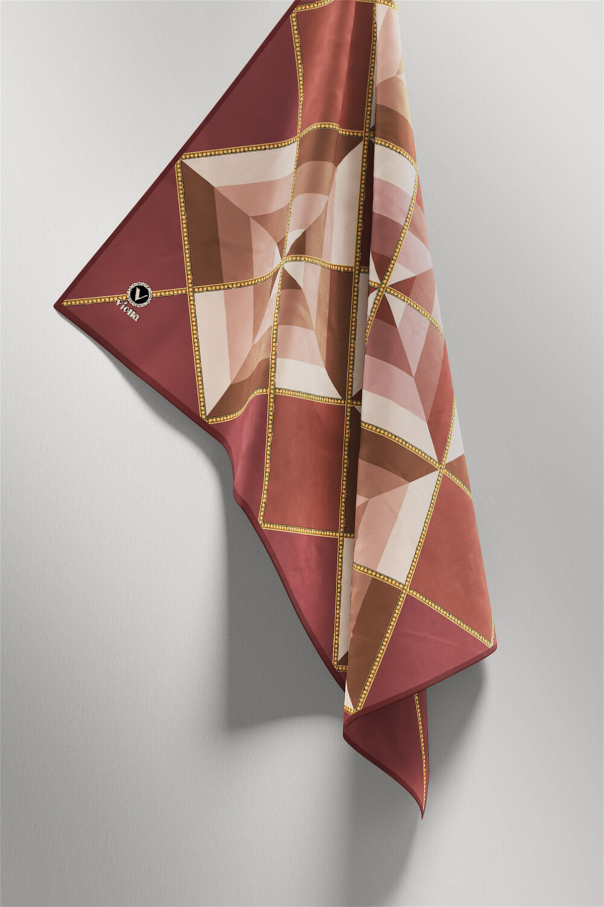 Twill Geometrik Desenli Gül Kurusu Renkli 90x90 Eşarp (İpek İçermez) Kenar Dikiş Şekli El Dikişli