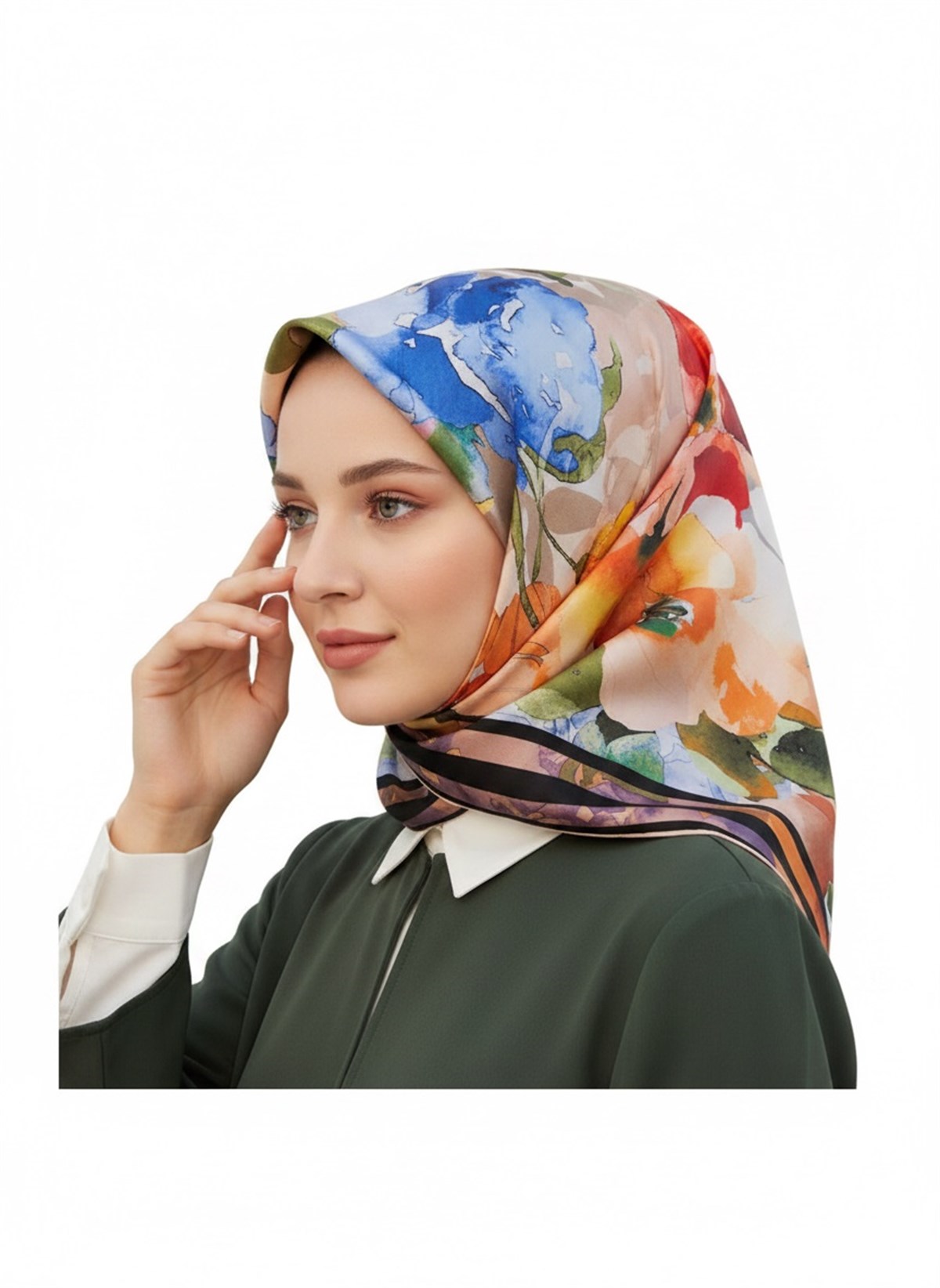 %100 Twill İpek Sulu Boyalı Çiçek Desenli Somon - Kırmızı Renkli 90x90 Eşarp Dikim Şekli : El Dikişi