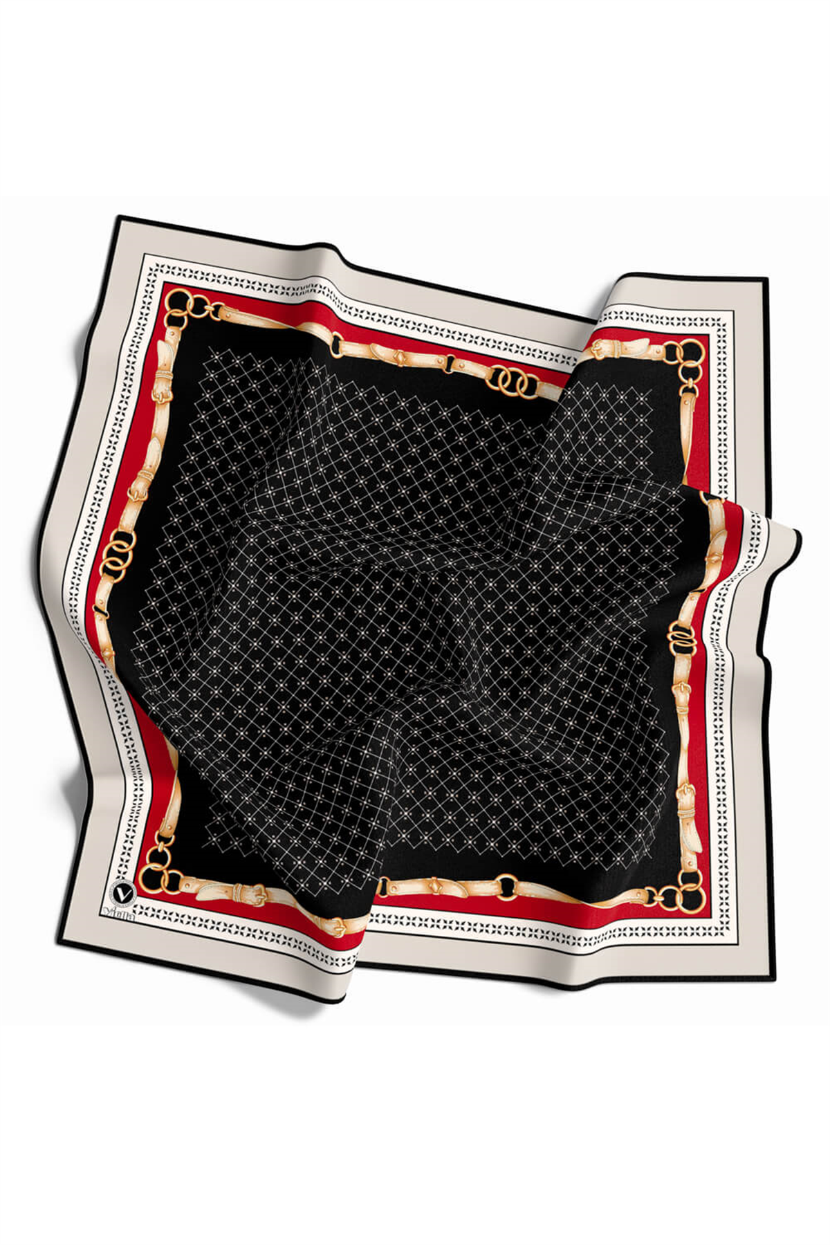 Twill Kemerli ve Çıtır Motifli Desenli Siyah Renkli 90x90 Eşarp (İpek İçermez) Dikim Şekli : El Dikişi