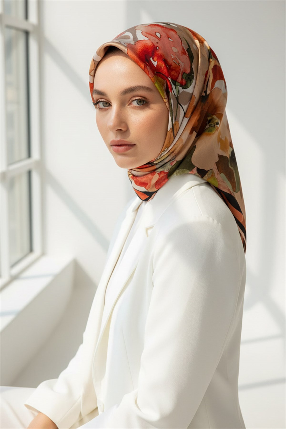 % 57 İPEK % 43 VİSKON Twill İpek Sulu Boyalı Çiçek Desenli Kırmızı - Vizon Renkli 90x90 Eşarp Dikim Şekli : El Dikişi