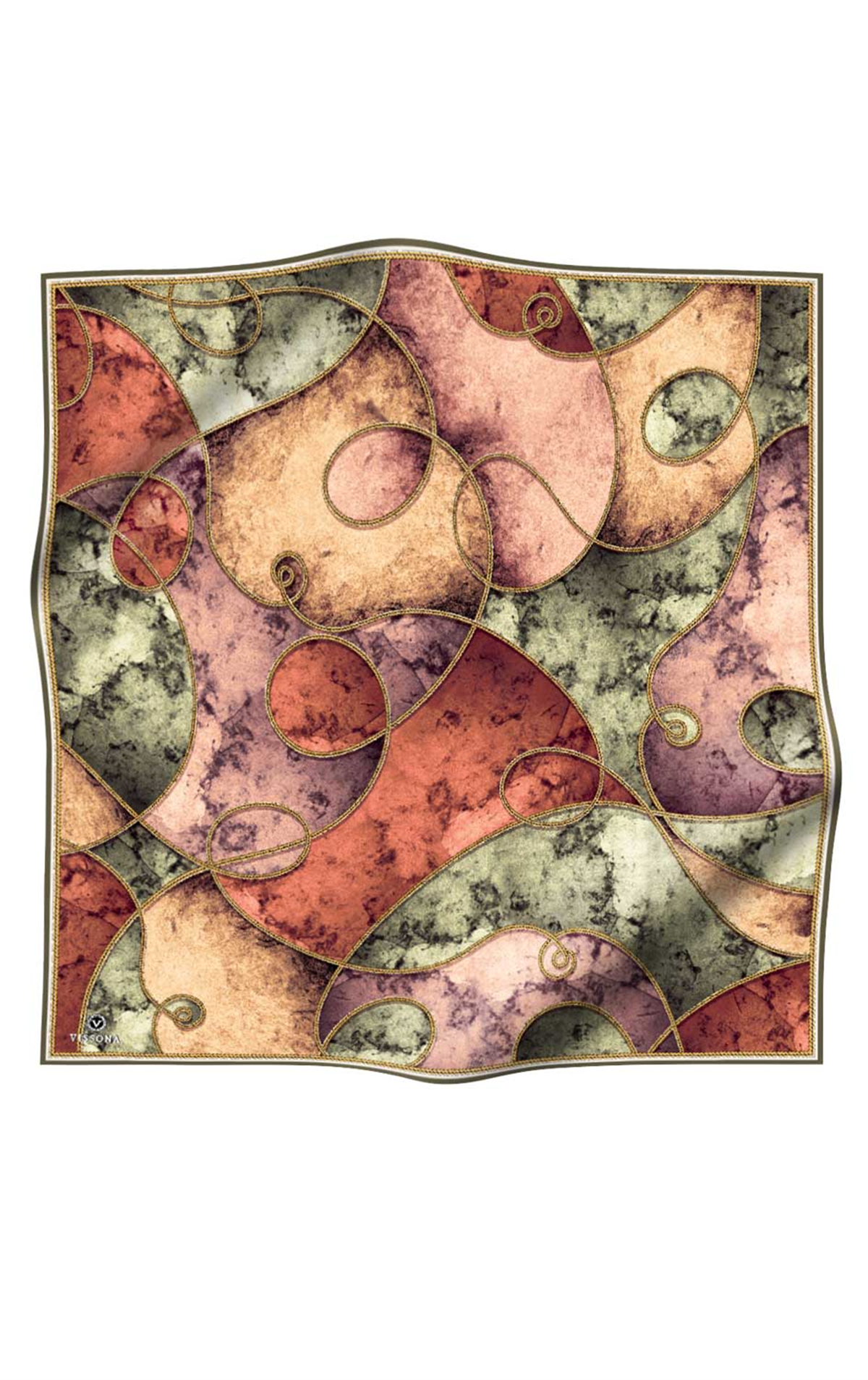 % 57 İPEK % 43 VİSKON Twill İpek Zincirli Mermer Desenli Haki - Bakır Renkli 90x90 Eşarp Dikim Şekli : El Dikişi