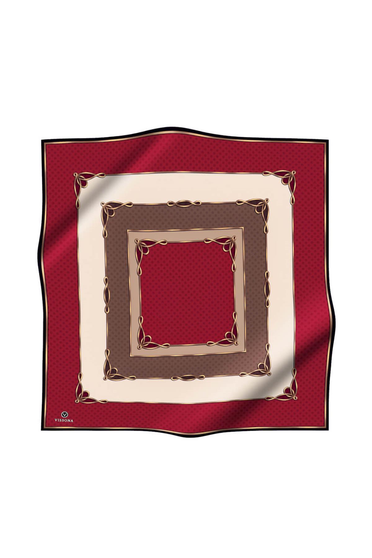 %100 Twill İpek Puantiyeli ve Geometrik Desenli Bordo - Vizon Renkli 90x90 Eşarp Dikim Şekli : El Dikişi