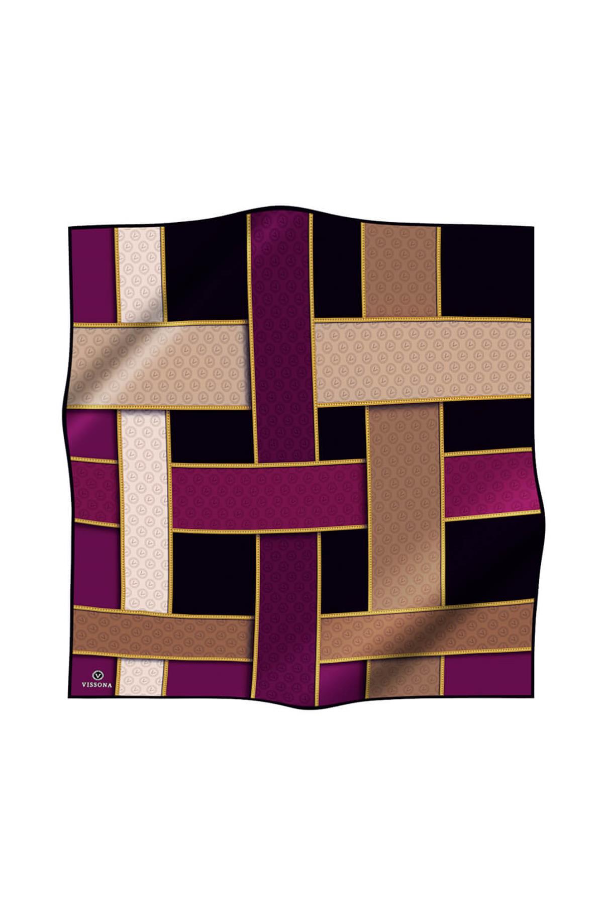 %100 Twill İpek Geometrik Desenli Siyah - Mürdüm Renkli 90x90 Eşarp Dikim Şekli : El Dikişi