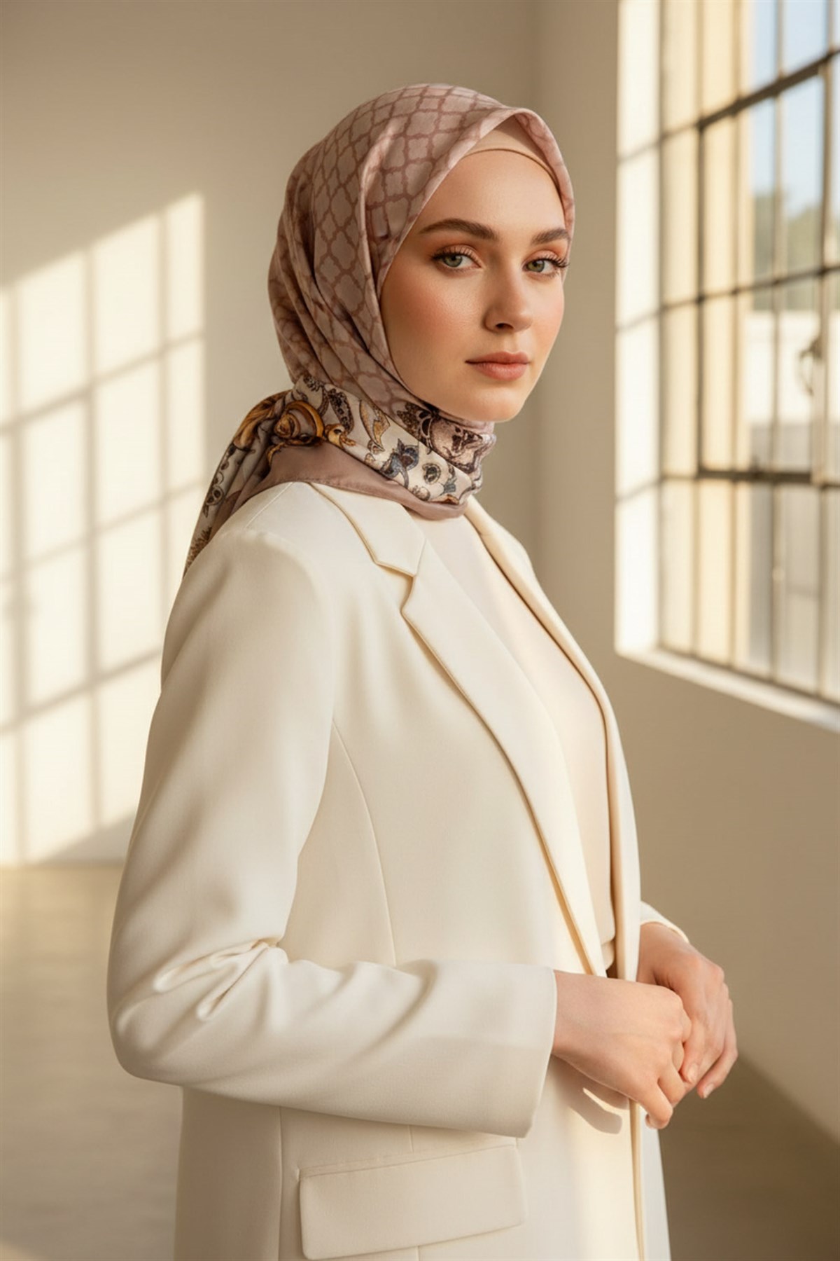 %100 Saf İpek Şal İnce Saten Vual Dokuma Dokuma Çiçek Desenli Sütlü Kahve - Pudra Renkli 90x210 Şal