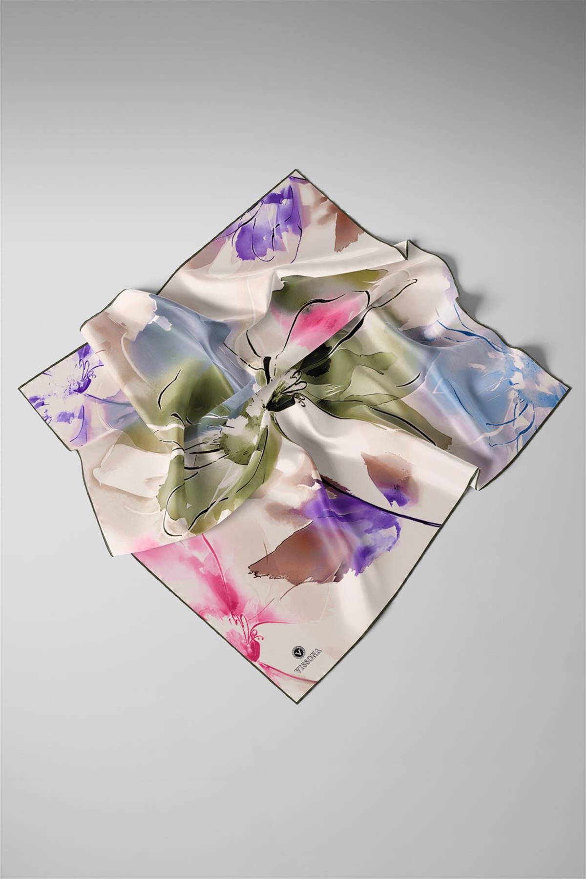 %100 Twill İpek Sulu Boya Çiçek Desenli Haki Renkli 90x90 Eşarp Dikim Şekli : El Dikişi