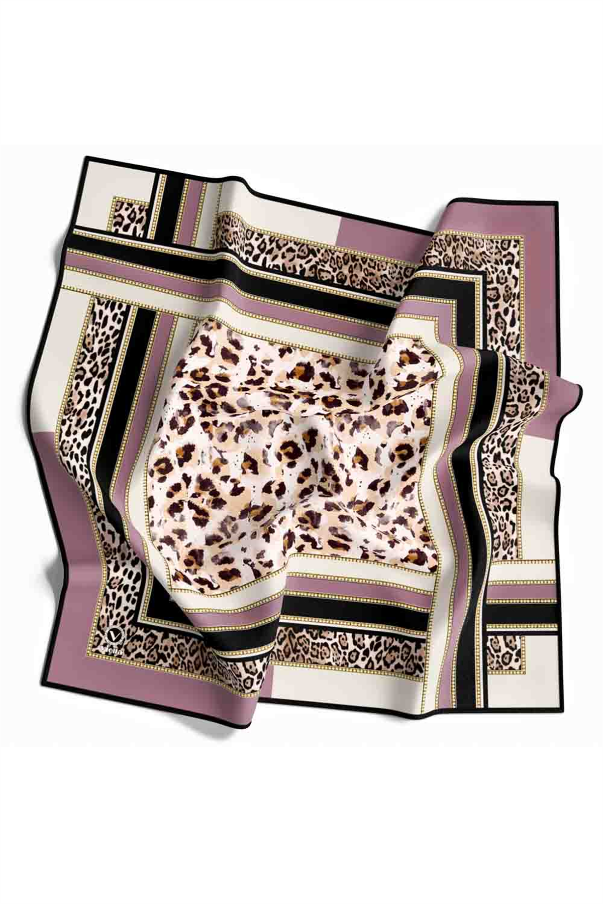 Twill Kemerli ve Leopar Desenli Lila Renkli 90x90 Eşarp (İpek İçermez) Dikim Şekli : El Dikişi