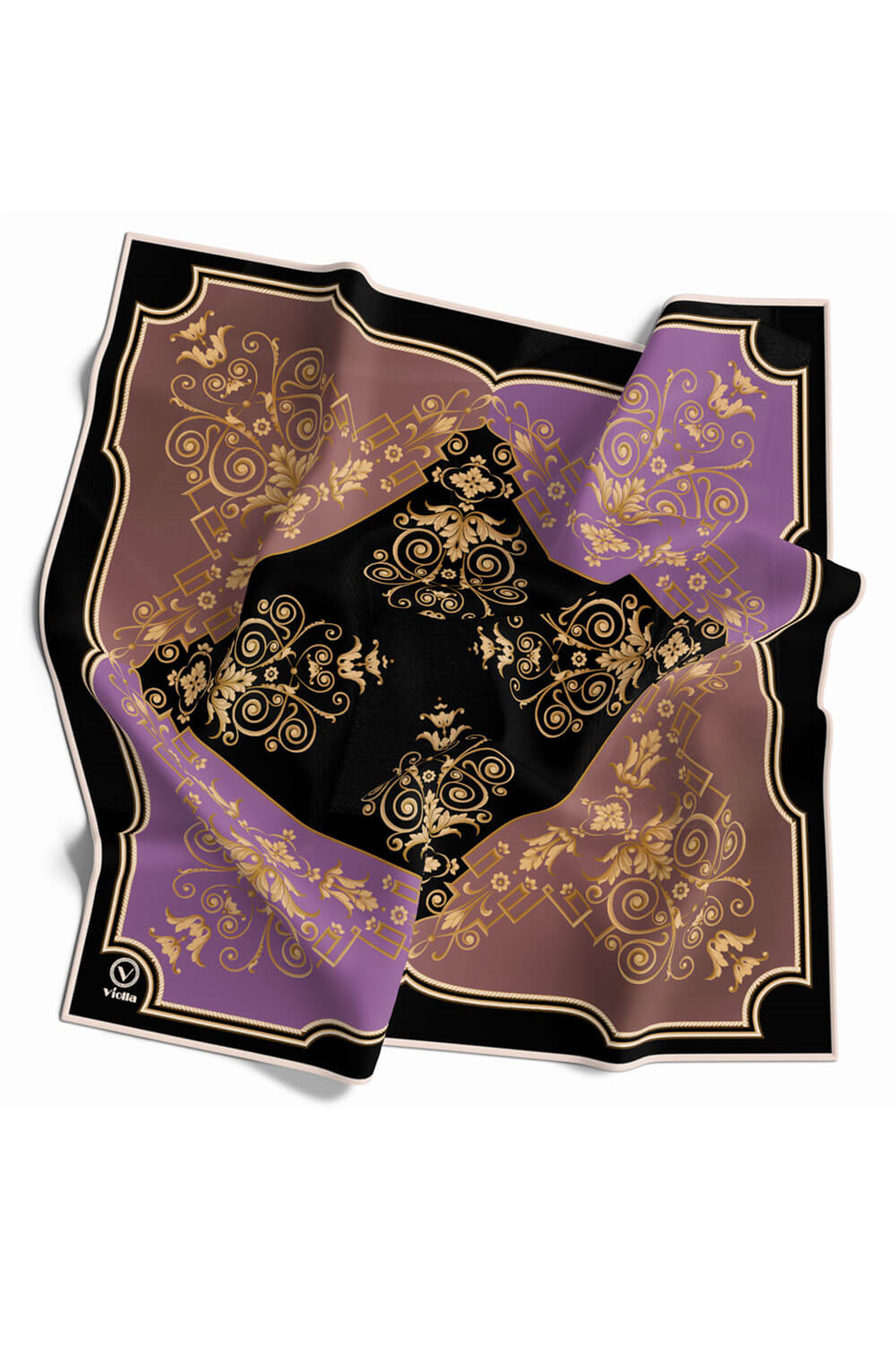 Twill Gold Desenli Lila Renkli 90x90 Eşarp (İpek İçermez) Kenar Dikiş Şekli El Dikişli