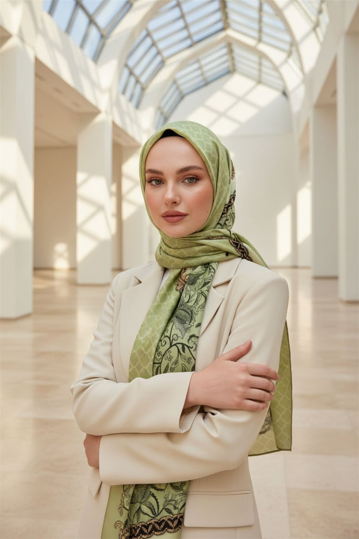%100 Saf İpek Şal İnce Saten Vual Dokuma Yaprak Desenli Su Yeşili - Gold Renkli 90x210 Şal