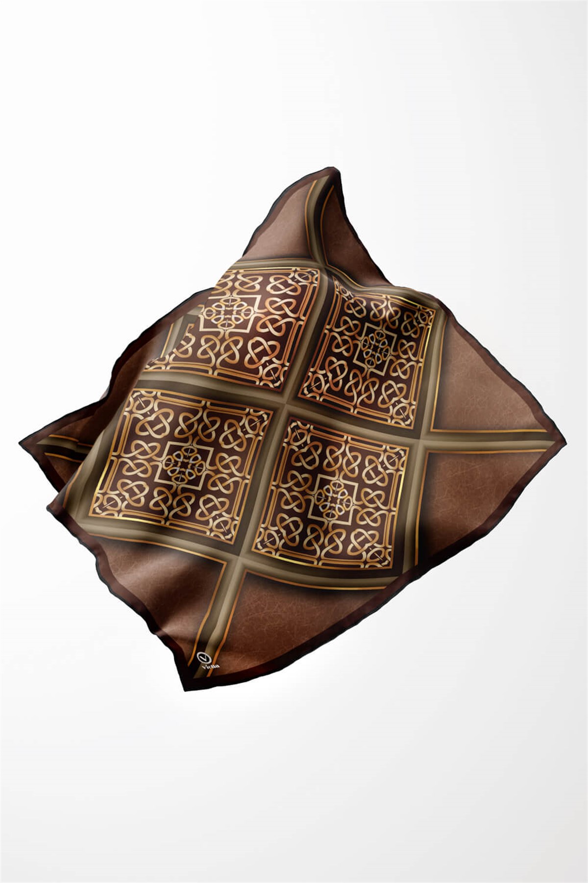 Twill Gold Çerçeveli Barok Desenli Bakır Renkli 90x90 Eşarp (İpek İçermez) Kenar Dikiş Şekli El Dikişli