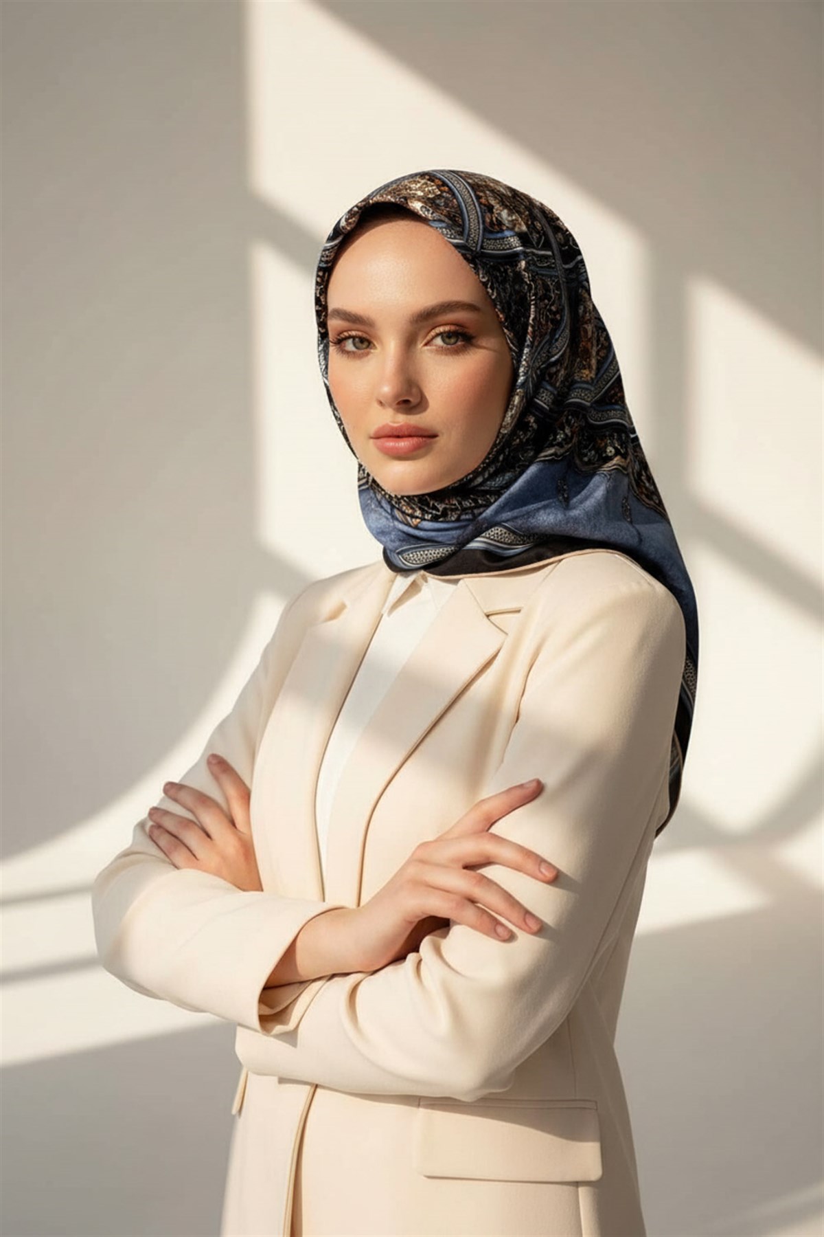 %100 Twill İpek Şal Desenli İndigo - Lacivert Renkli 90x90 Eşarp Dikim Şekli : El Dikişi