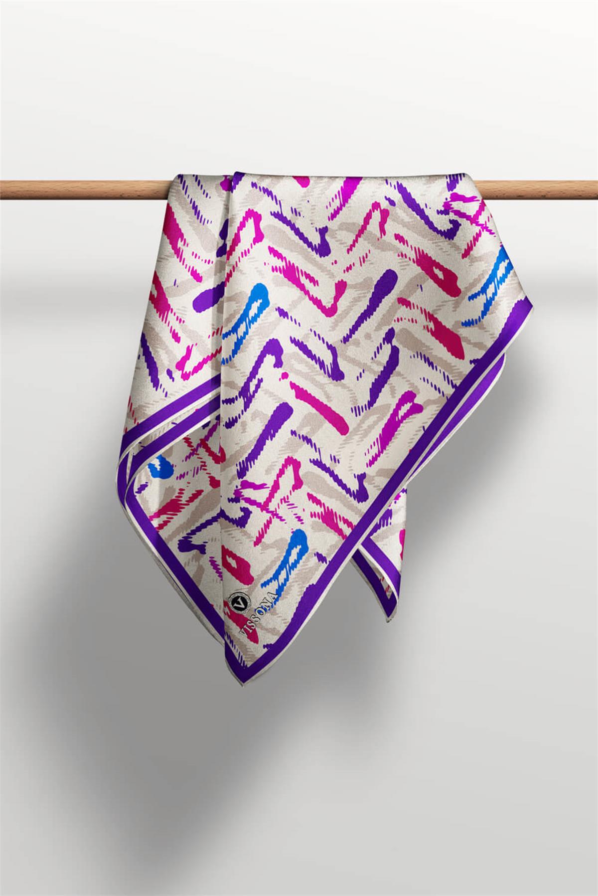 %100 Twill İpek Geometrik Desenli Mor - Fuşya Renkli 90x90 Eşarp Dikim Şekli : El Dikişi