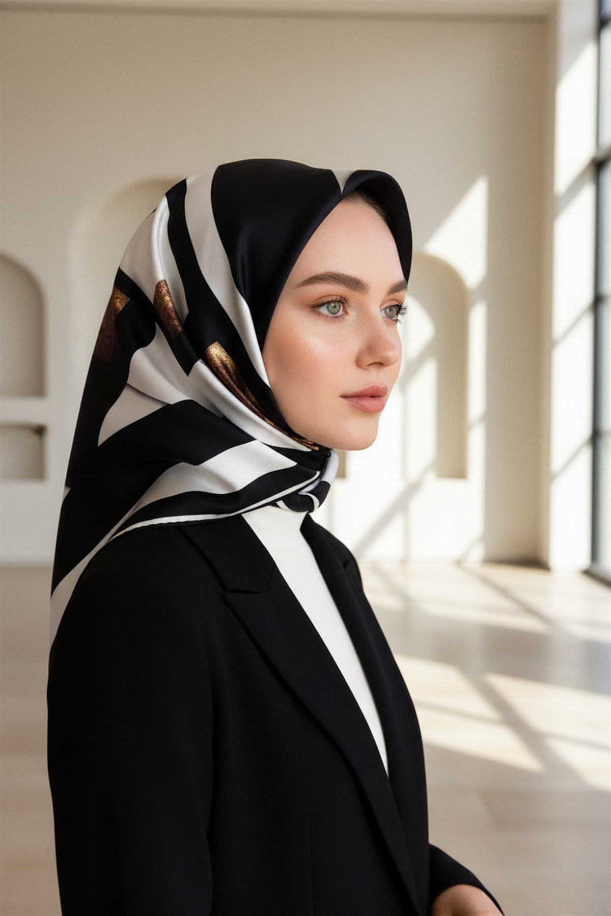%100 Twill İpek Karo Desenli Siyah - Krem Renkli 90x90 Eşarp Dikim Şekli : El Dikişi