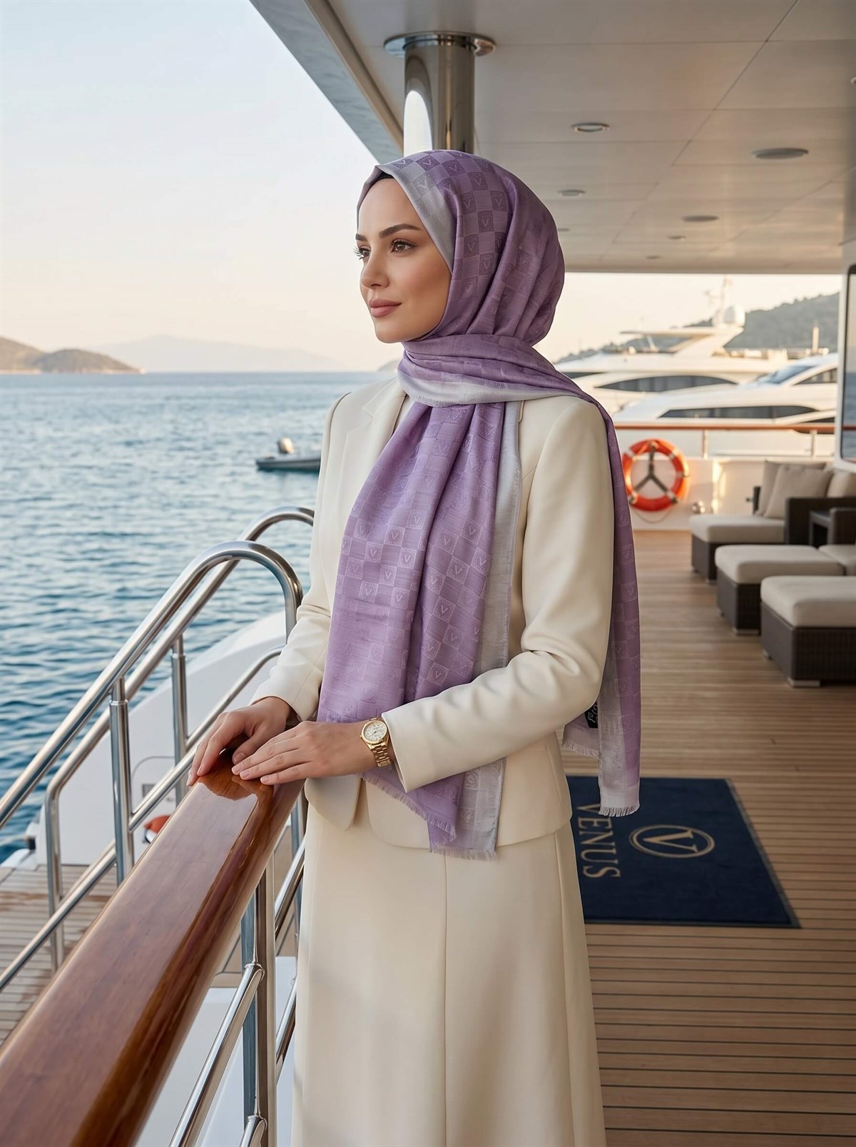 %57 İpek %43 Pamuk Monogram Dokumalı İsporto Renkli 70X190 Yumuşak Dökümlü Şal