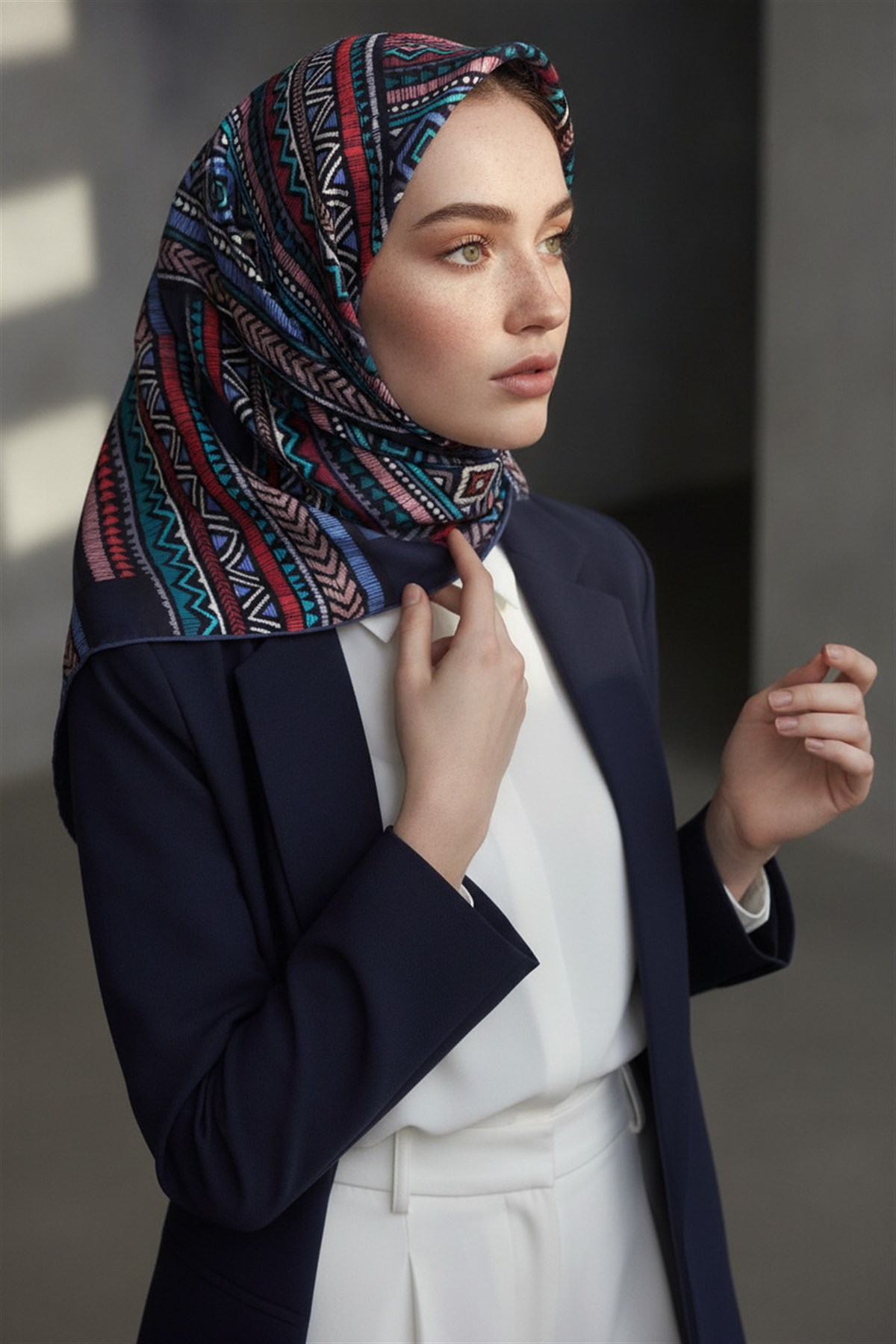 %100 Twill İpek Etnik Desenli İndigo - Bordo Renkli 90x90 Eşarp Dikim Şekli : El Dikişi