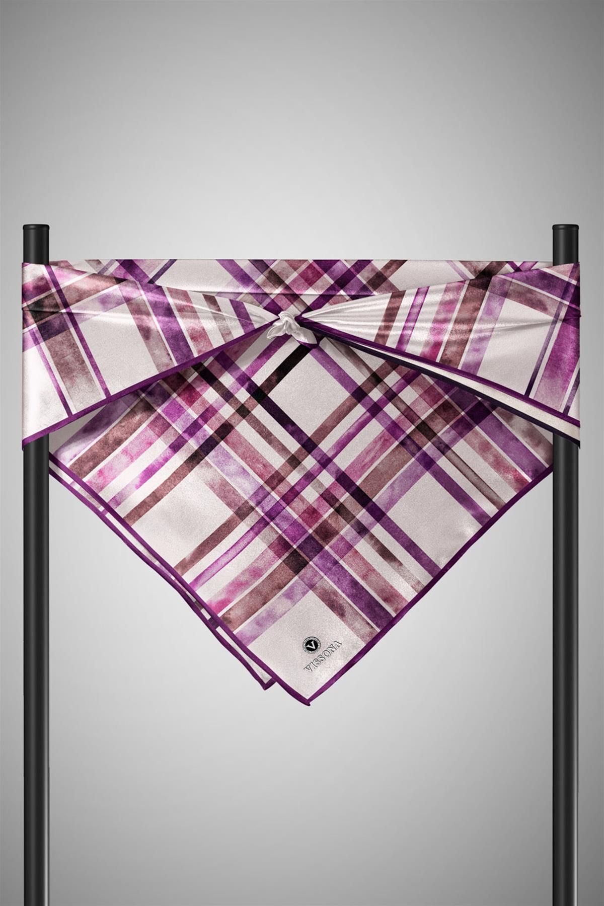 %100 Twill İpek Ekose Desenli Mürdüm - Vizon Renkli 90x90 Eşarp Kenar Dikiş Şekli El Dikişli