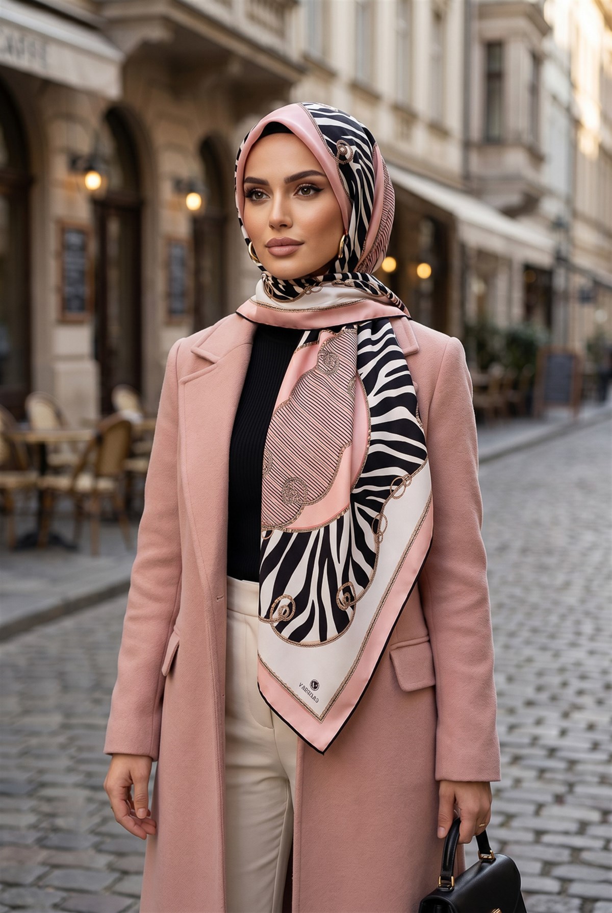 %100 Twill İpek Zincirli Ve Zebra Desenli Pudra - Krem Renkli 90x90 Eşarp Dikim Şekli : El Dikişi