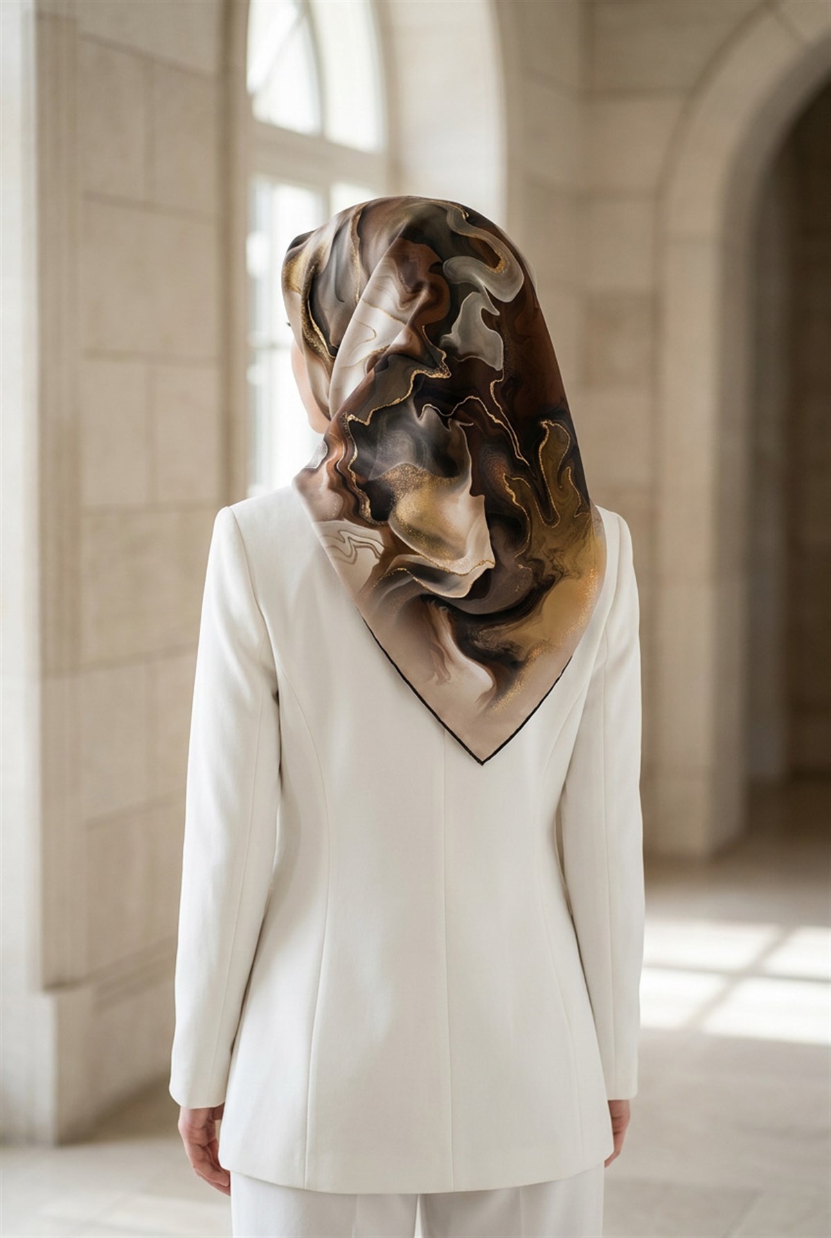 %100 Twill İpek Batik Desenli Kahverengi - Bej Renkli 90x90 Eşarp Dikim Şekli : El Dikişi