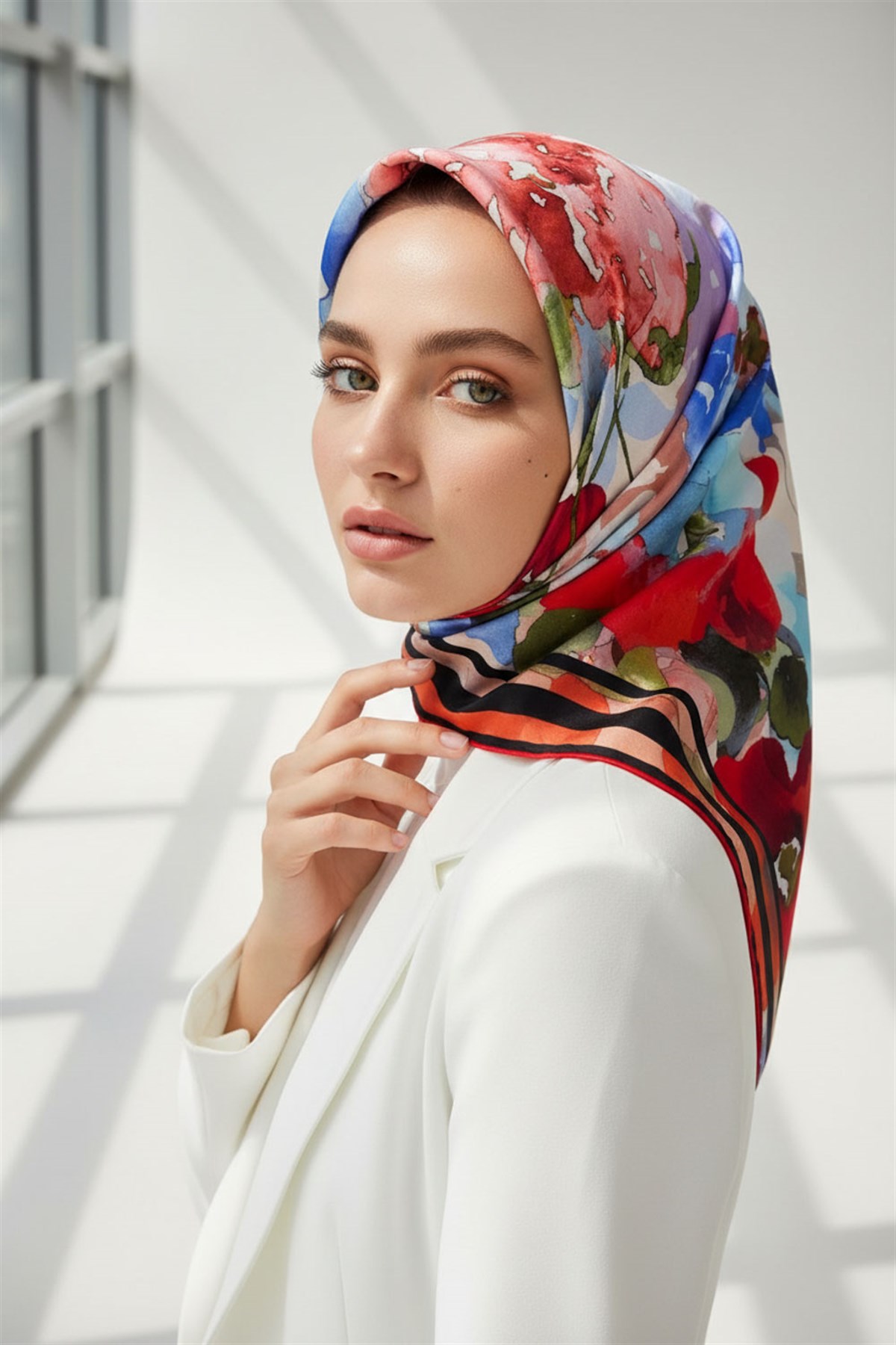 % 57 İPEK % 43 VİSKON Twill İpek Sulu Boyalı Çiçek Desenli Kırmızı - Bebe Mavisi Renkli 90x90 Eşarp Dikim Şekli : El Dikişi
