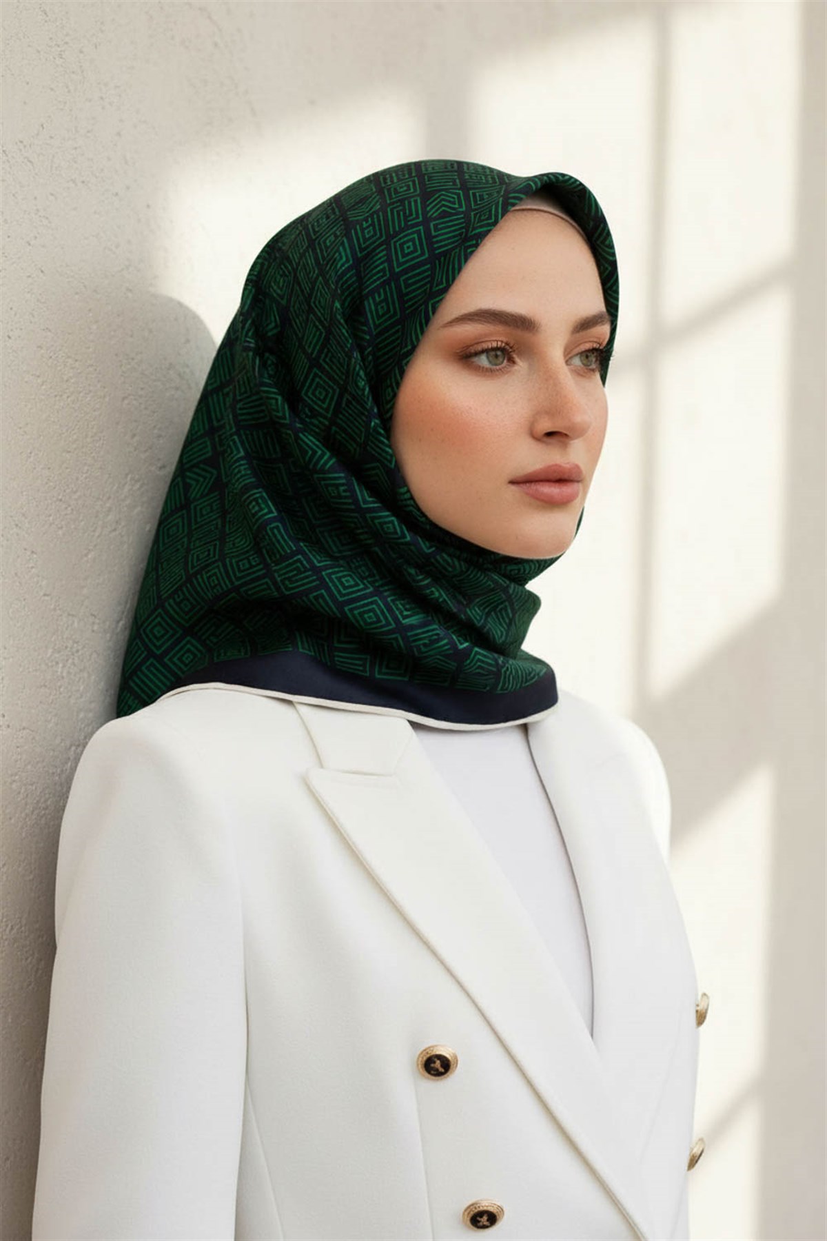 100% Twill İpek Etnik Motif Desenli Zümrüt Yeşili - Lacivert Renkli 90x90 Dikim Şekli : El Dikişi Eşarp