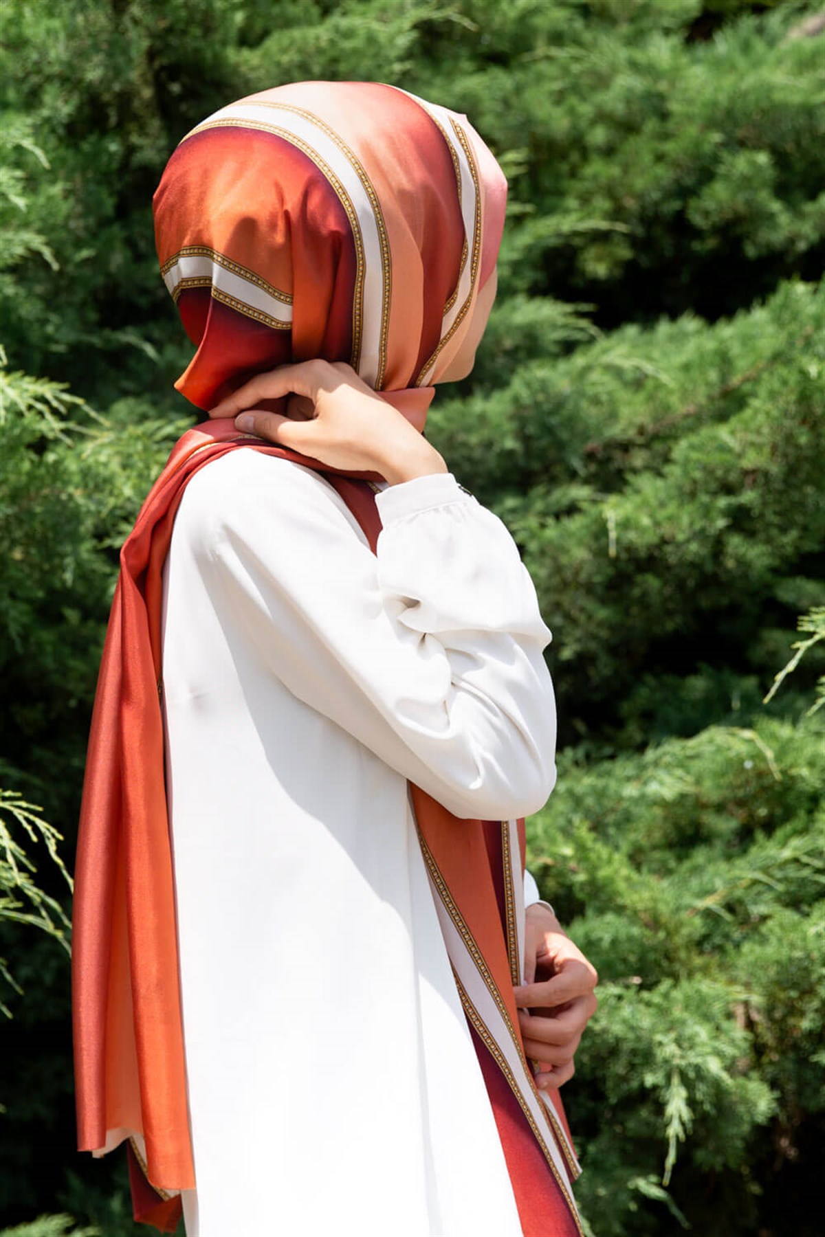 %100 İpek Şerit Desenli Taba - Krem Renkli 92x210 Şal