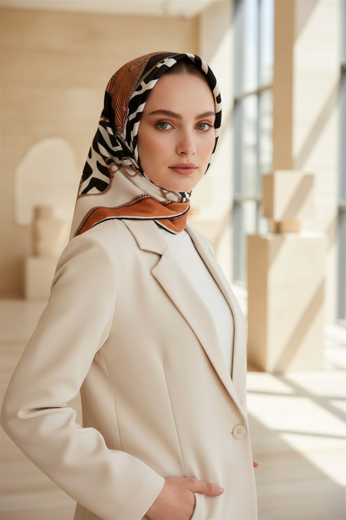 %100 Twill İpek Zincirli Ve Zebra Desenli Bakır - Siyah Renkli 90x90 Eşarp Dikim Şekli : El Dikişi