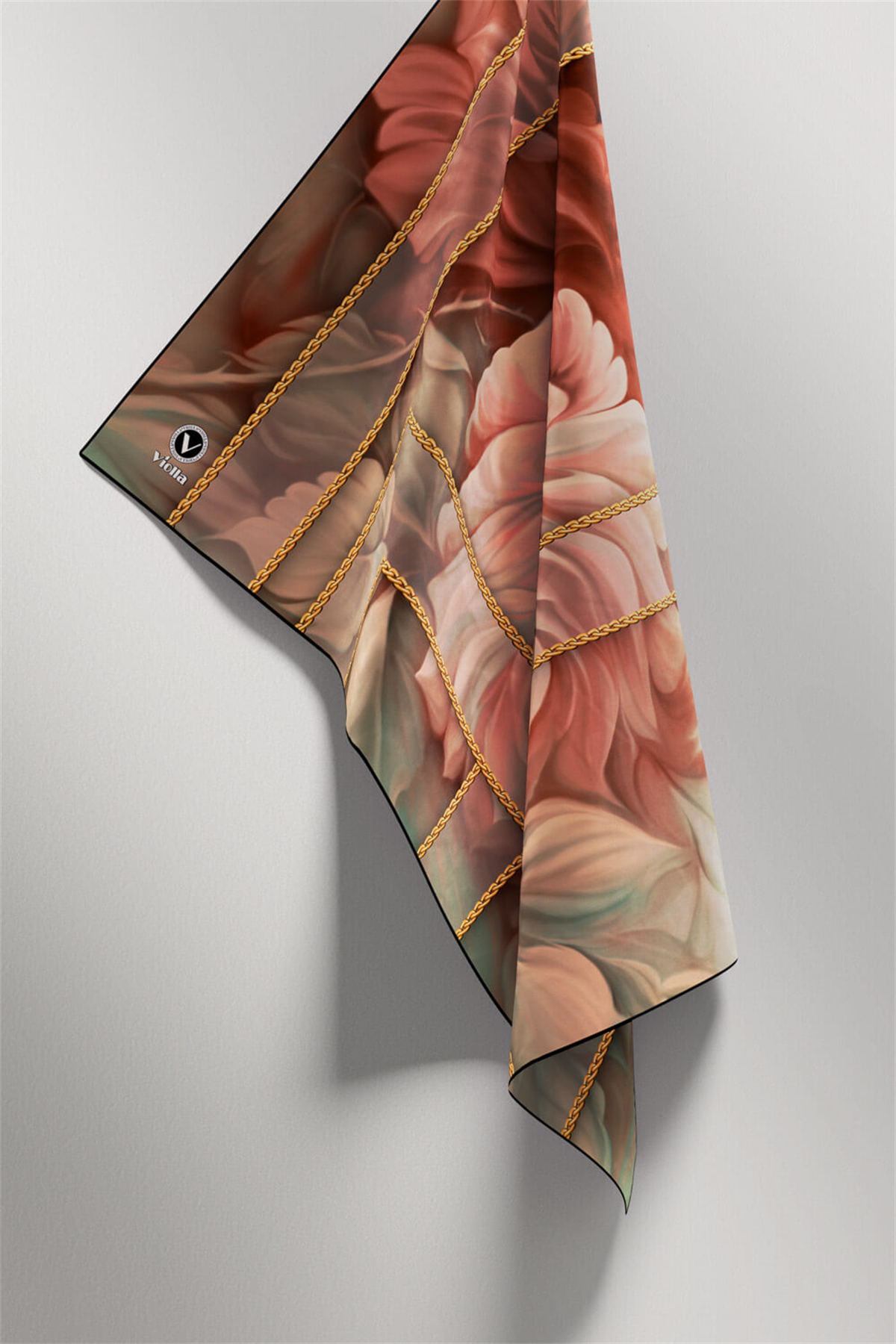 Twill Gül Desenli Somon - Mint Yeşili Renkli 90x90 Eşarp (İpek İçermez) Kenar Dikiş Şekli El Dikişli