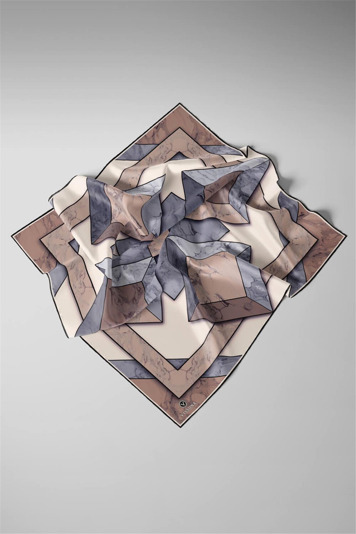 %100 Twill İpek Mermer Desenli Bej - Gri Renkli 90x90 Eşarp Dikim Şekli : El Dikişi