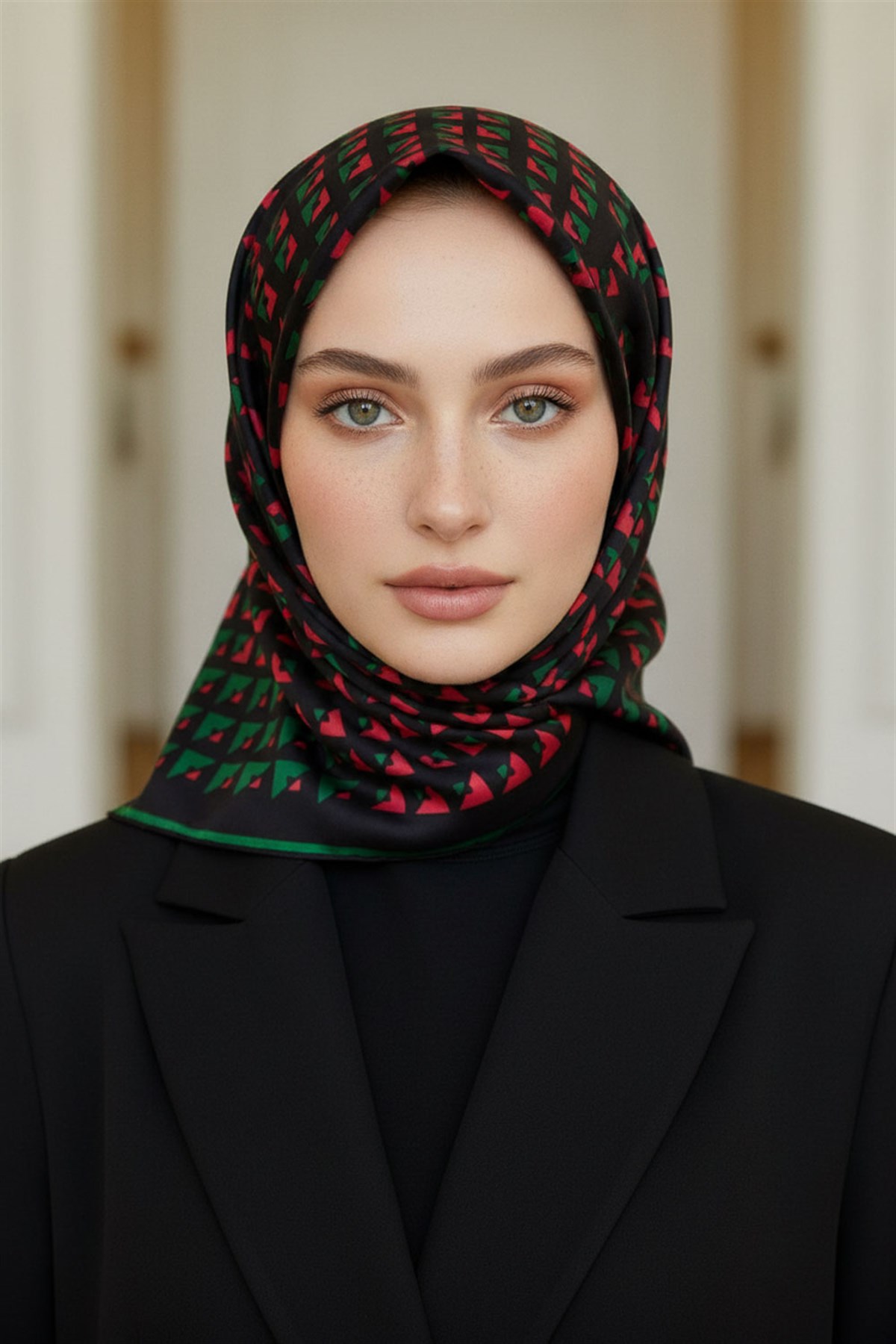 %100 Twill İpek Geometrik Desenli Kırmızı - Zümrüt Yeşili Renkli 90x90 Eşarp Dikim Şekli : El Dikişi