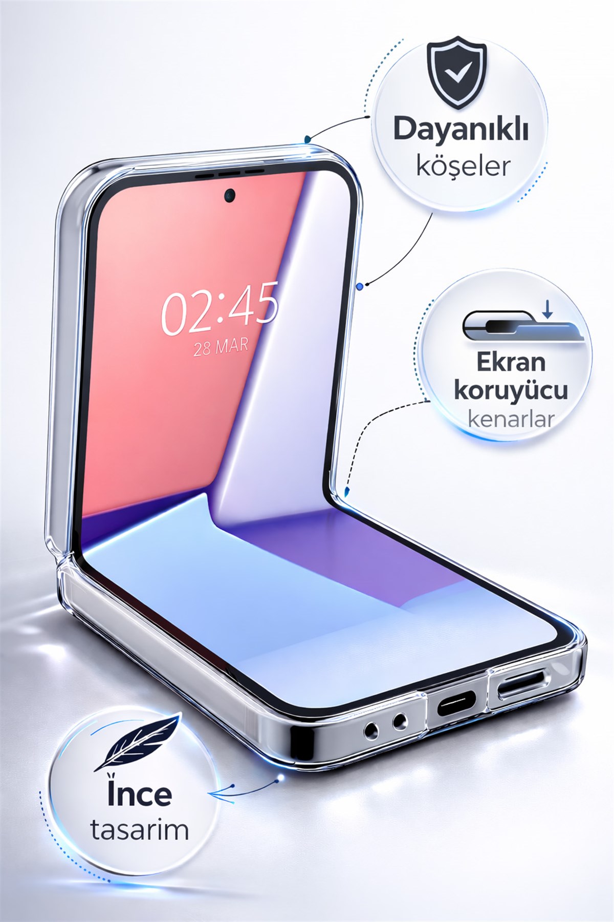 Samsung Galaxy Z Flip 5 Uyumlu Kamera Korumalı Magsafe Wireless Şarj Özellikli Lüks Şeffaf Silikon Telefon Kılıfı