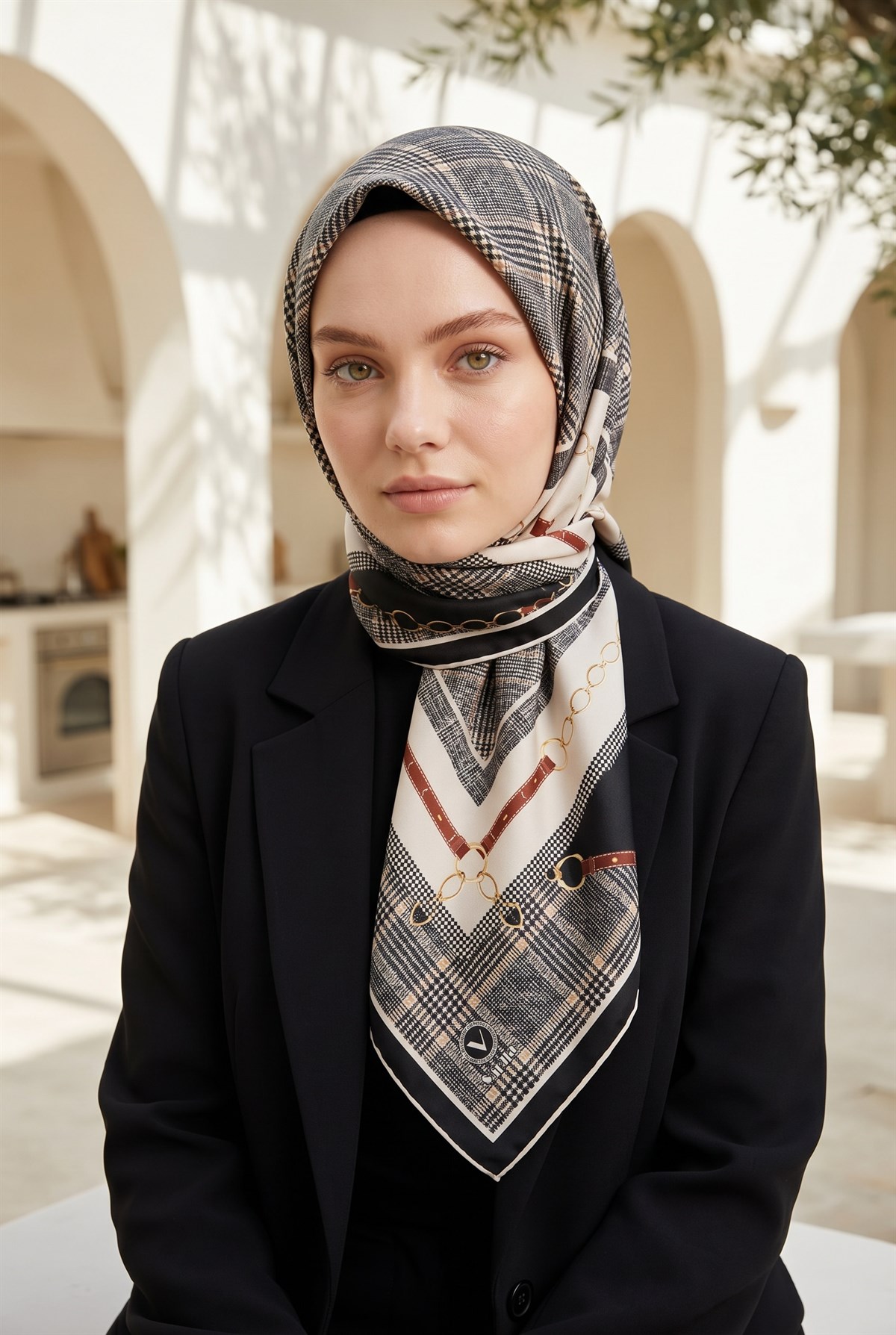 Twill Kemer ve Zincir Detaylı Ekose Desenli Siyah Renkli 90x90 Eşarp (İpek İçermez) Kenar Dikiş Şekli El Dikişli