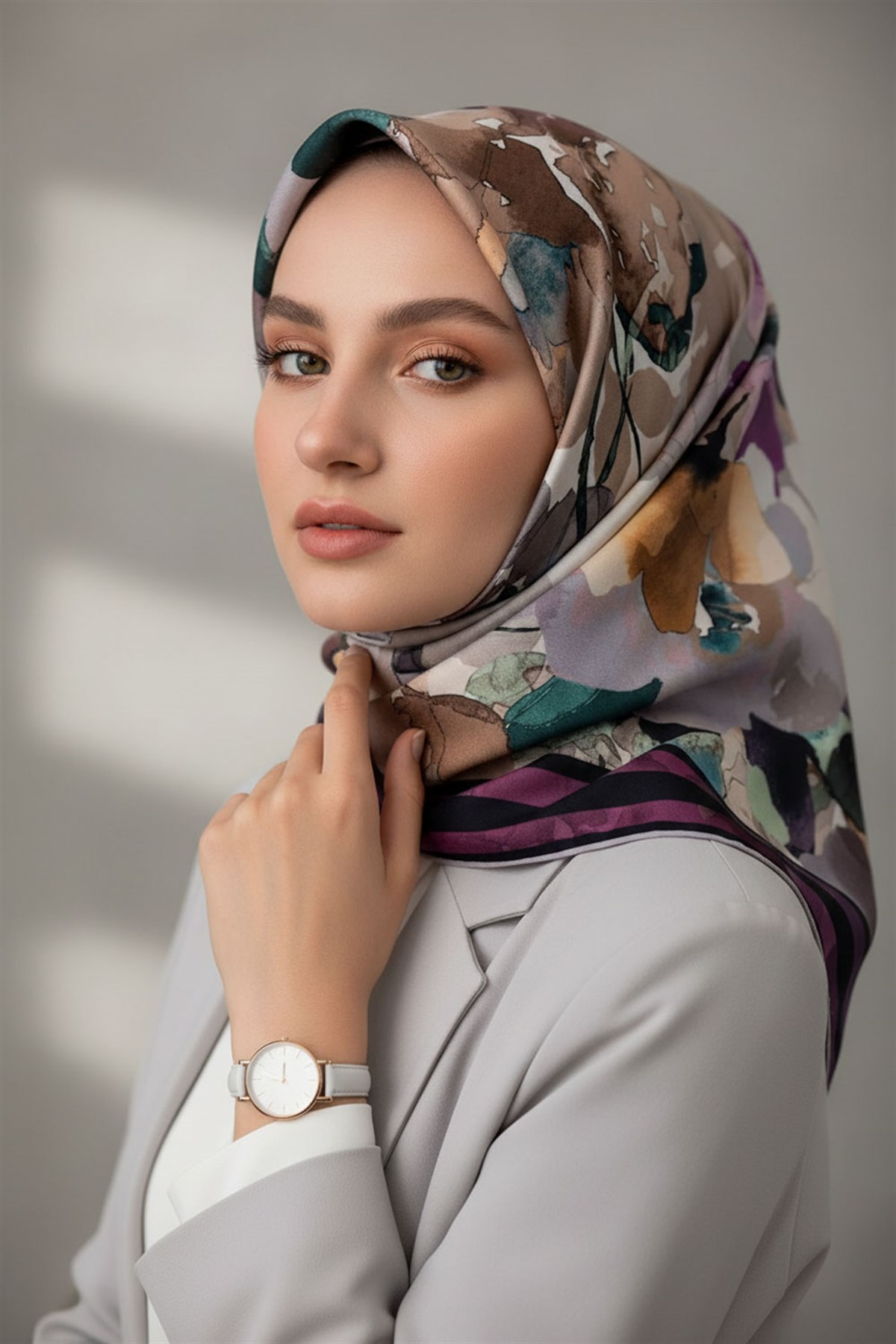 %100 Twill İpek Sulu Boyalı Çiçek Desenli Mor - Vizon Renkli 90x90 Eşarp Dikim Şekli : El Dikişi