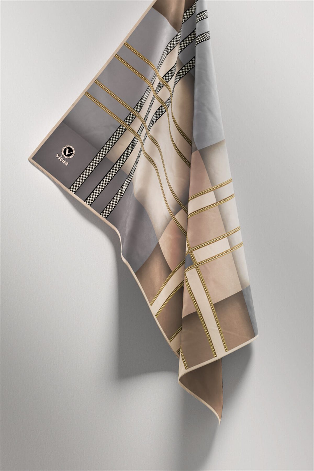 Twill Geometrik Desenli Gri - Bej Renkli 90x90 Eşarp (İpek İçermez) Kenar Dikiş Şekli El Dikişli