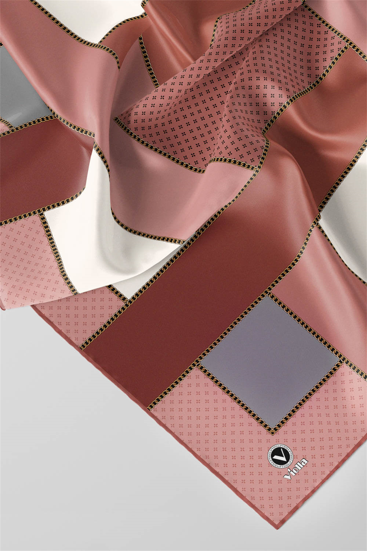 Twill Geometrik Desenli Pudra - Gri Renkli 90x90 Eşarp (İpek İçermez) Kenar Dikiş Şekli El Dikişli